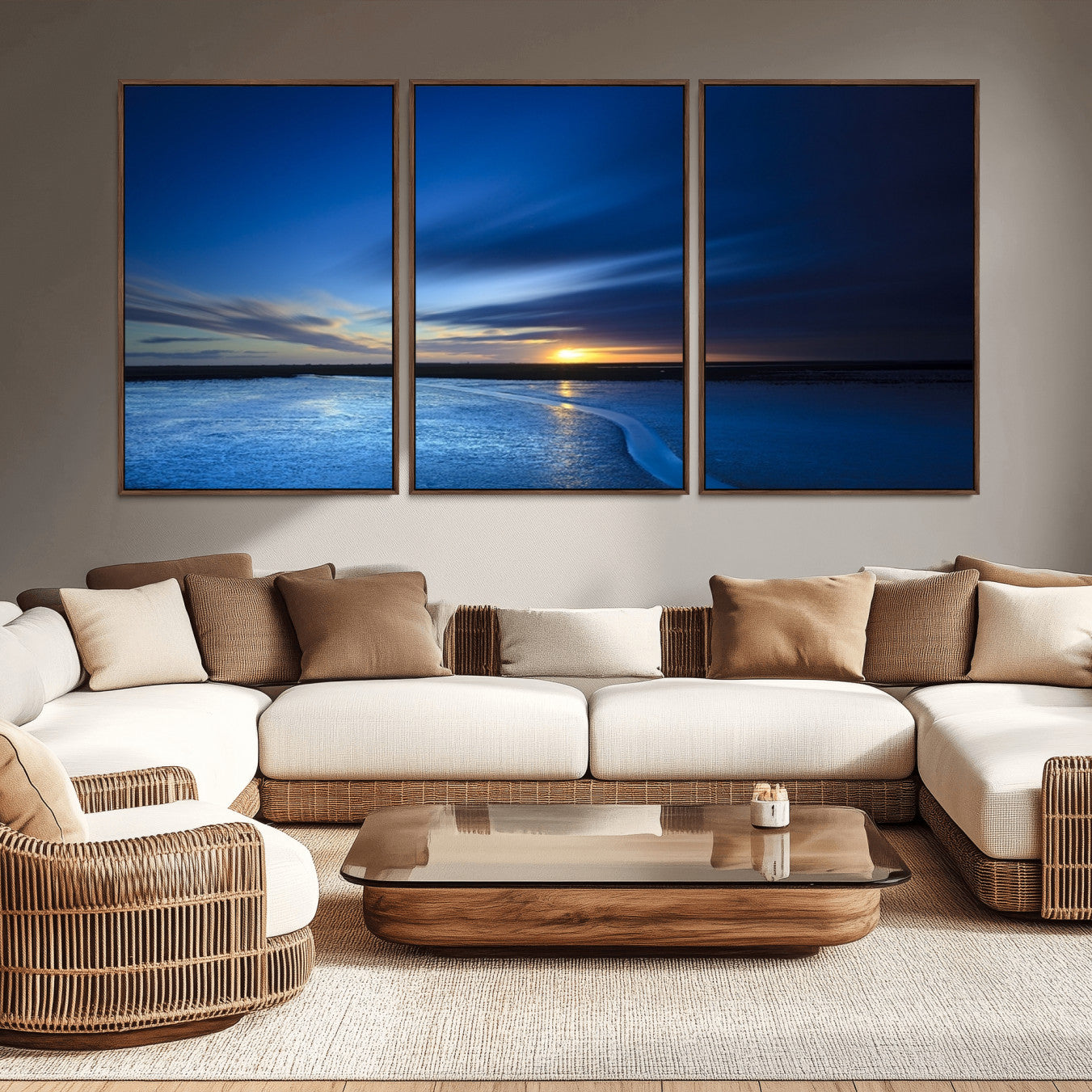 -Blue Sunset Ocean Canvas Wall Art Print – Serene Coastal Horizon Wall Decor for Home or Office –