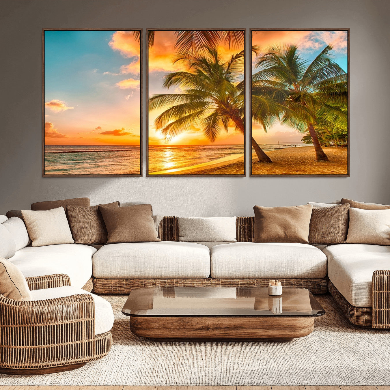 -Tropical Sunset Beach Canvas Wall Art Print – Vibrant Palm Trees and Coastal Sunset Wall Decor for