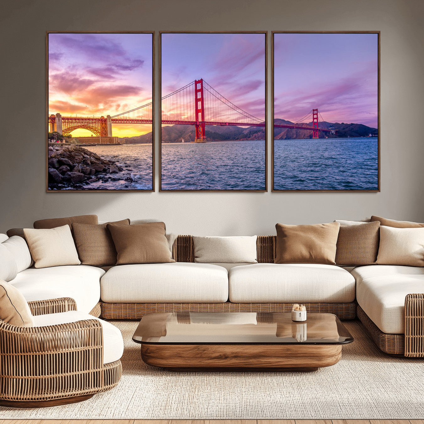 MGV-FC-60X30-3P - Golden Gate Bridge Wall Art Print, San Francisco Sunset Canvas Wall Art, Cityscape Canvas Print for