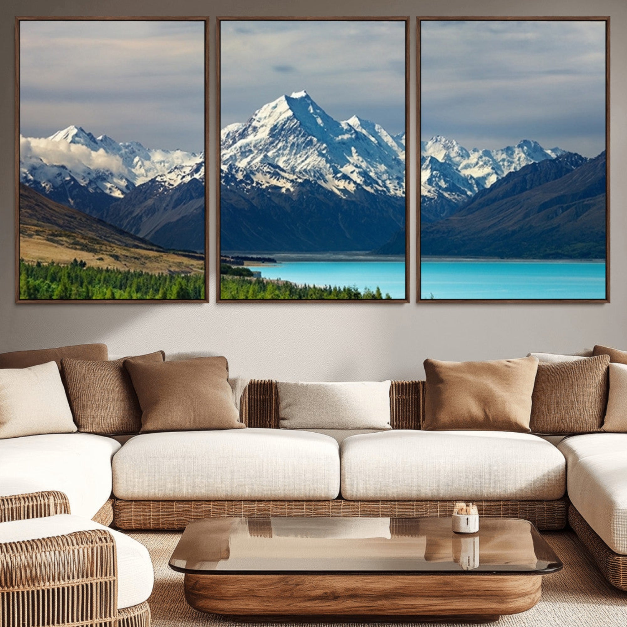 21118-MGV-CV-36X24-Mount Cook and Lake Pukaki Canvas Wall Art Print – Majestic Snow-Capped Peaks and Serene Lake Wall