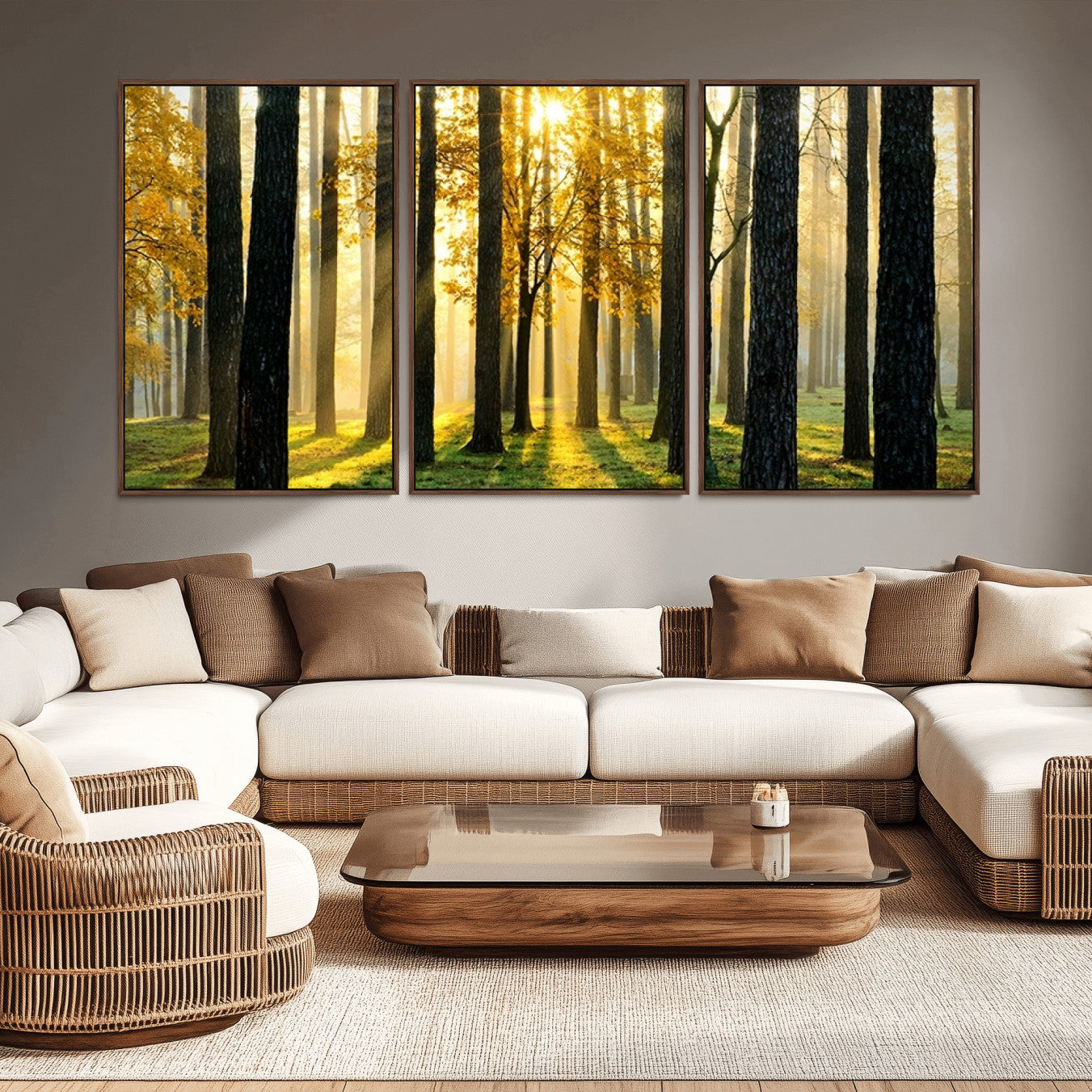 -Sunlit Forest Wall Art Canvas Print - Large Framed Woodland Wall Art for Home or Office Decor,