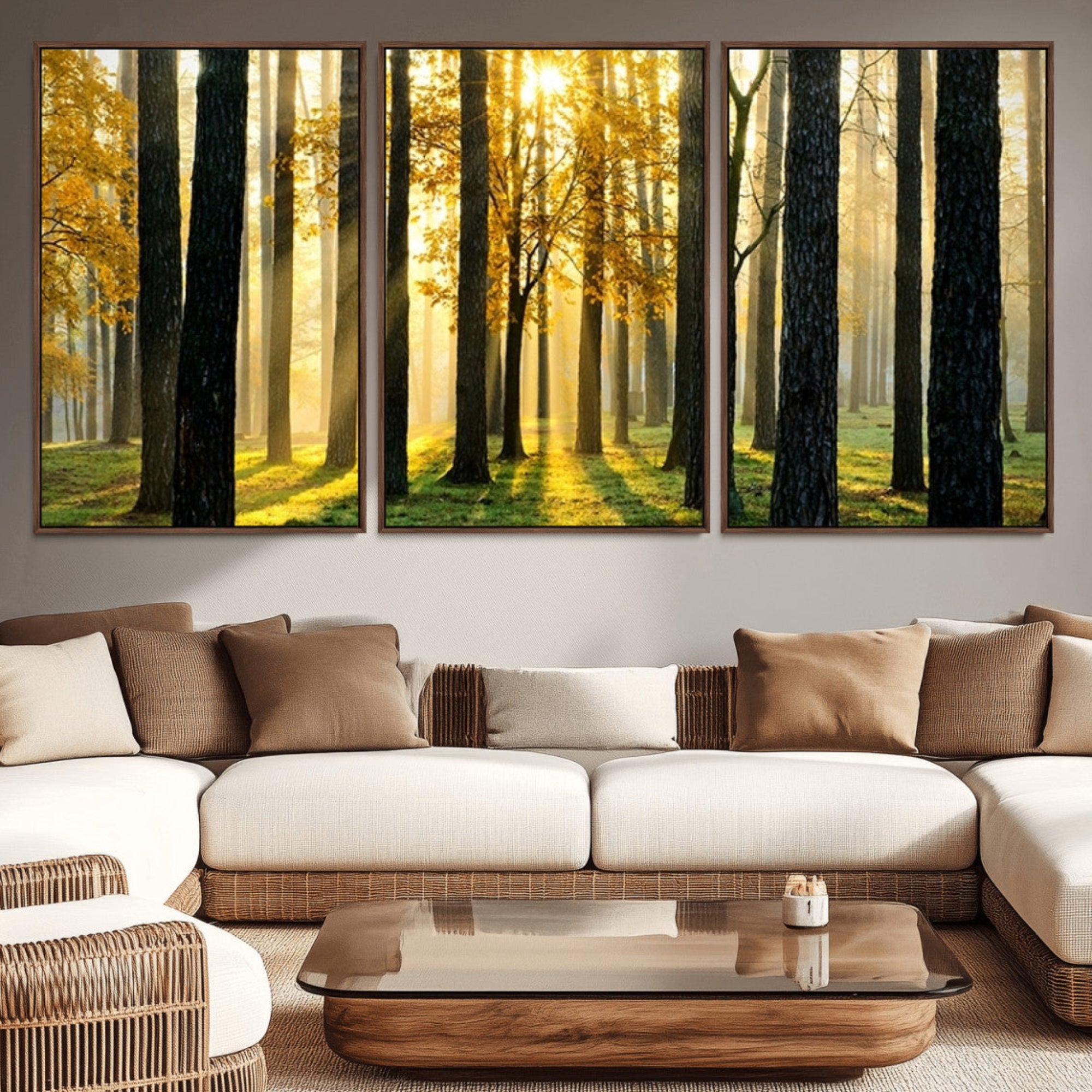 60024-MGV-CV-36X24-Sunlit Forest Canvas Wall Art – Serene Woodland Triptych Landscape Print – Nature-Inspired Decor for