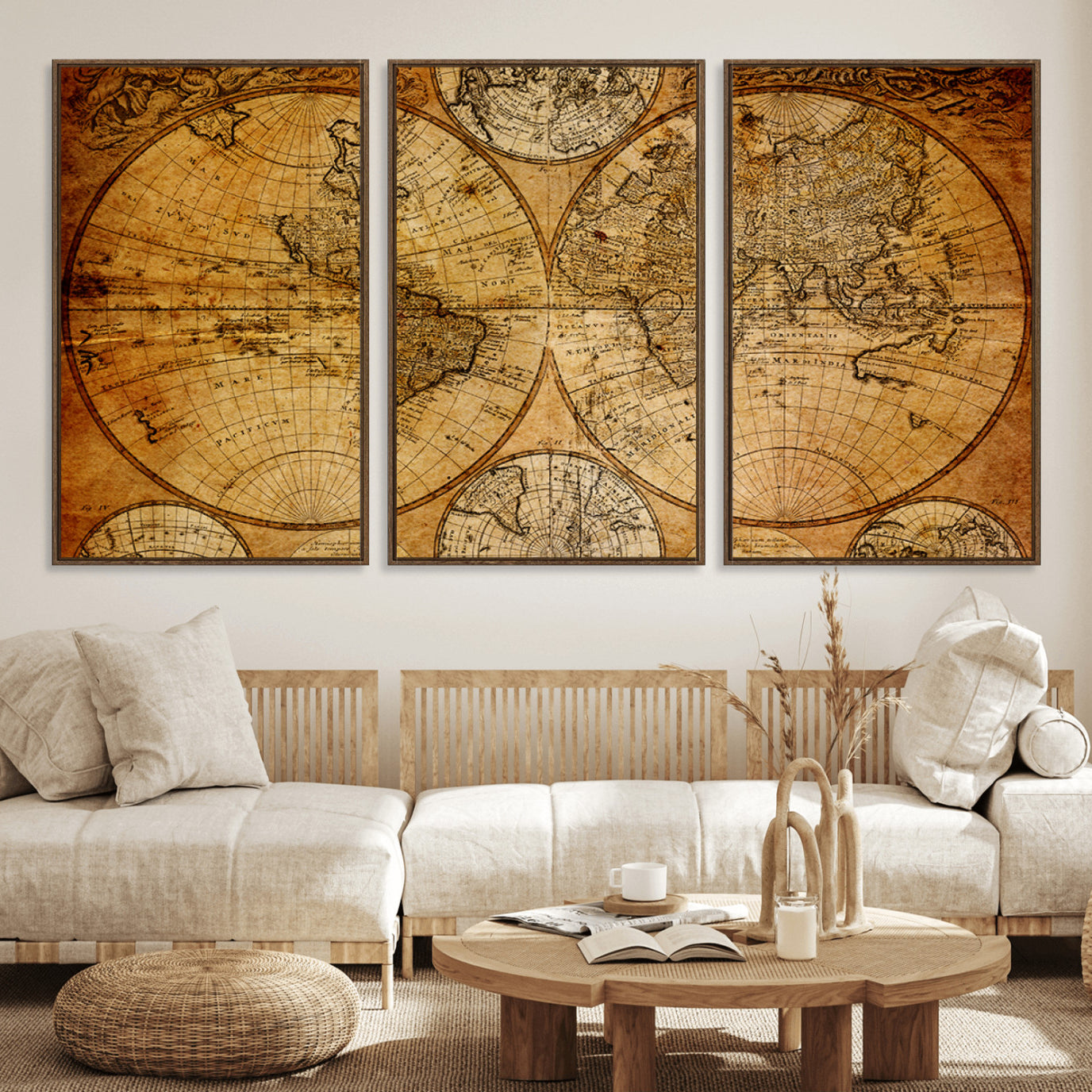 25517-MGV-FC-60X30-3P - Vintage World Map Canvas Print – Antique Push Pin Travel Map, Framed Wall Art for Home or Office Decor