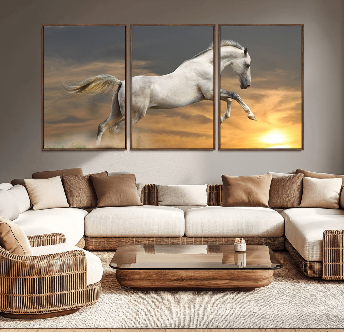 Large Wall Art Canvas Print, White Jumping Horse at Sunset