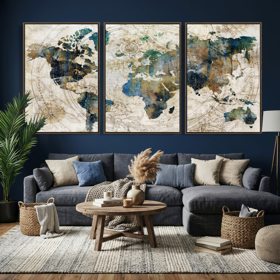 Framed Vintage World Map Wall Art, Abstract Map Canvas Print