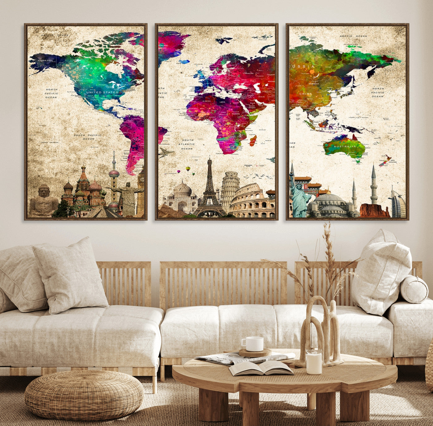 18765-MGV-FC-60X30-3P_Walnut-Push Pin World Map Canvas Print – Travel Tracker Wall Art for Couples, Perfect Anniversary Gift for Home or Office Decor