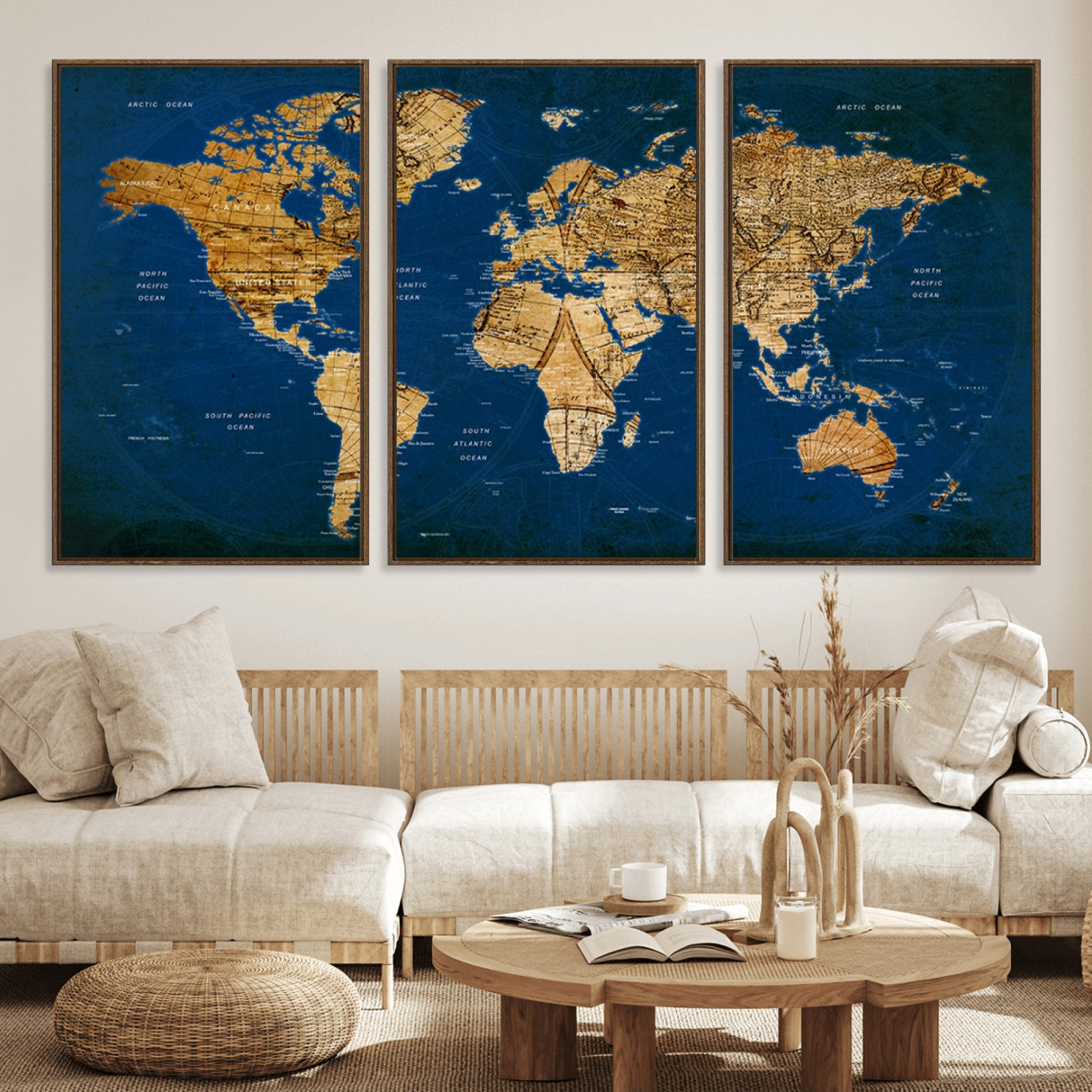 50845-MGV-FC-60X30-3P_Walnut-Navy Blue and Gold World Map Canvas Print – Framed Luxury Push Pin Wall Art, Elegant Vintage Travel Map Decor for Home or Office