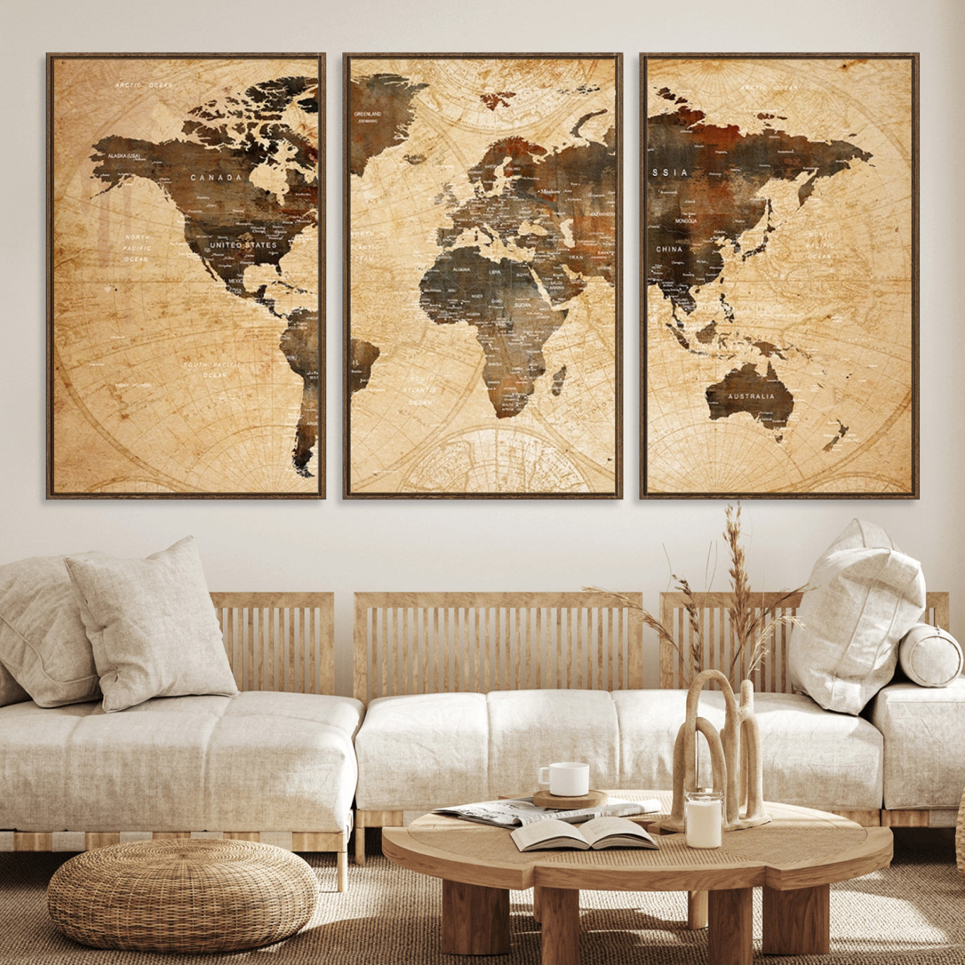 13813-MGV-FC-60X30-3P_Walnut-Push Pin World Map Canvas Print – Framed Travel Tracker Wall Art for Couples, Perfect Anniversary Gift and Home Decor