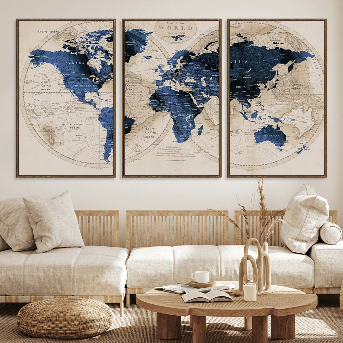-Vintage Blue World Map Canvas Wall Art – Antique Style Framed Map Print, Elegant Travel Decor for Home Office or Study