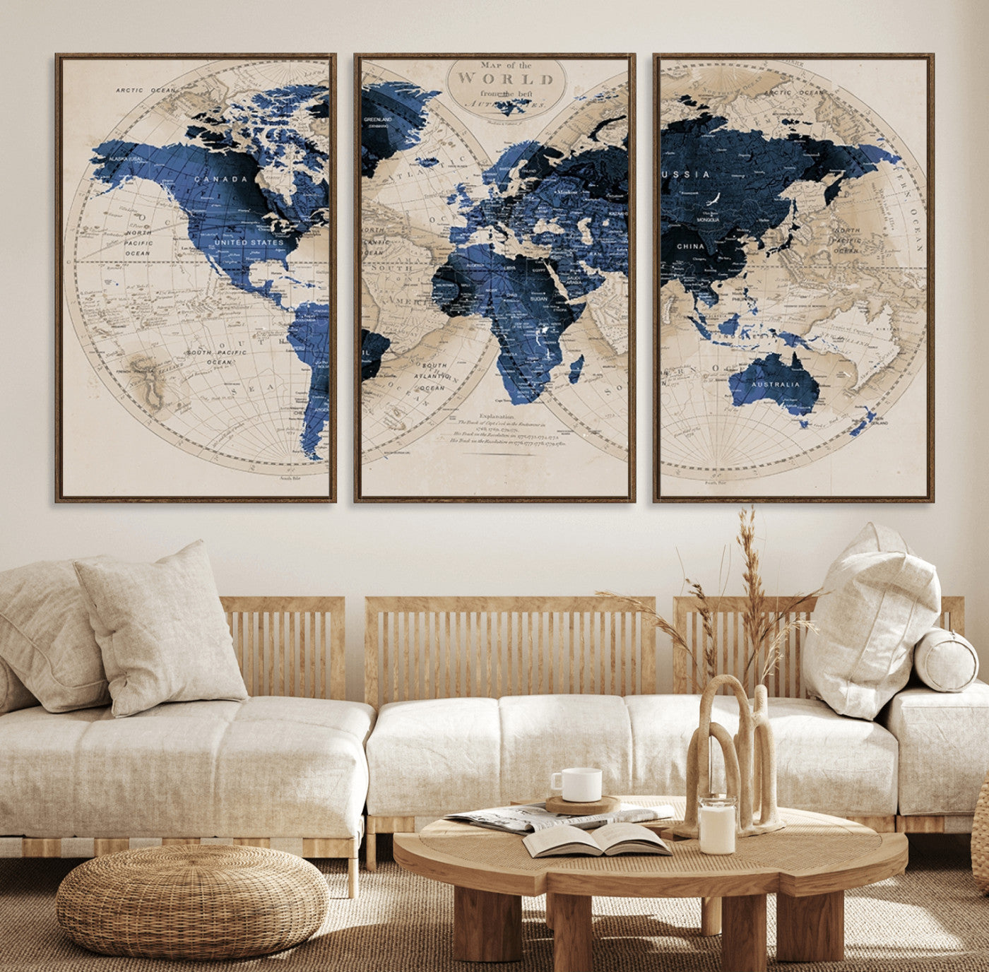 67444-MGV-CV-36X24-Vintage Blue World Map Canvas Wall Art – Antique Style Framed Map Print, Elegant Travel Decor for Home Office or Study