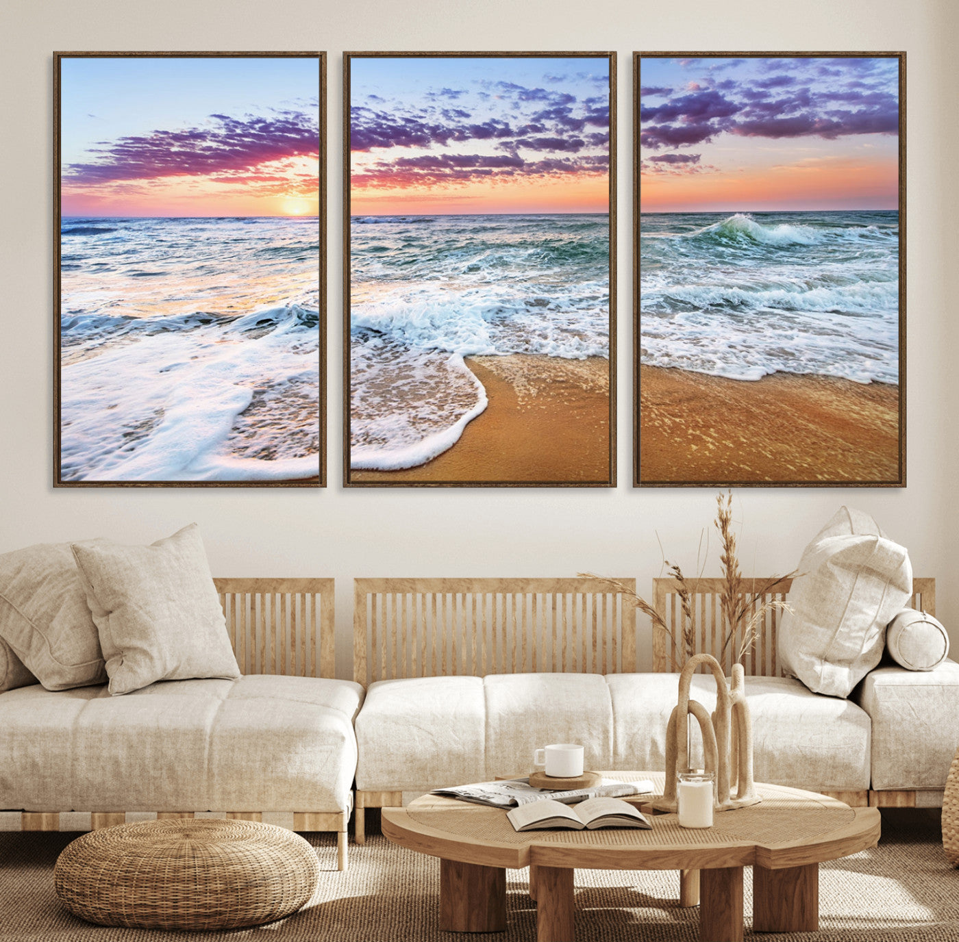 53006-MGV-FC-60X30-3P_Walnut-Coastal Sunset Art Beach Canvas Wall Art Print | Ocean Waves Wall Art | Large 3-Panel Seascape for