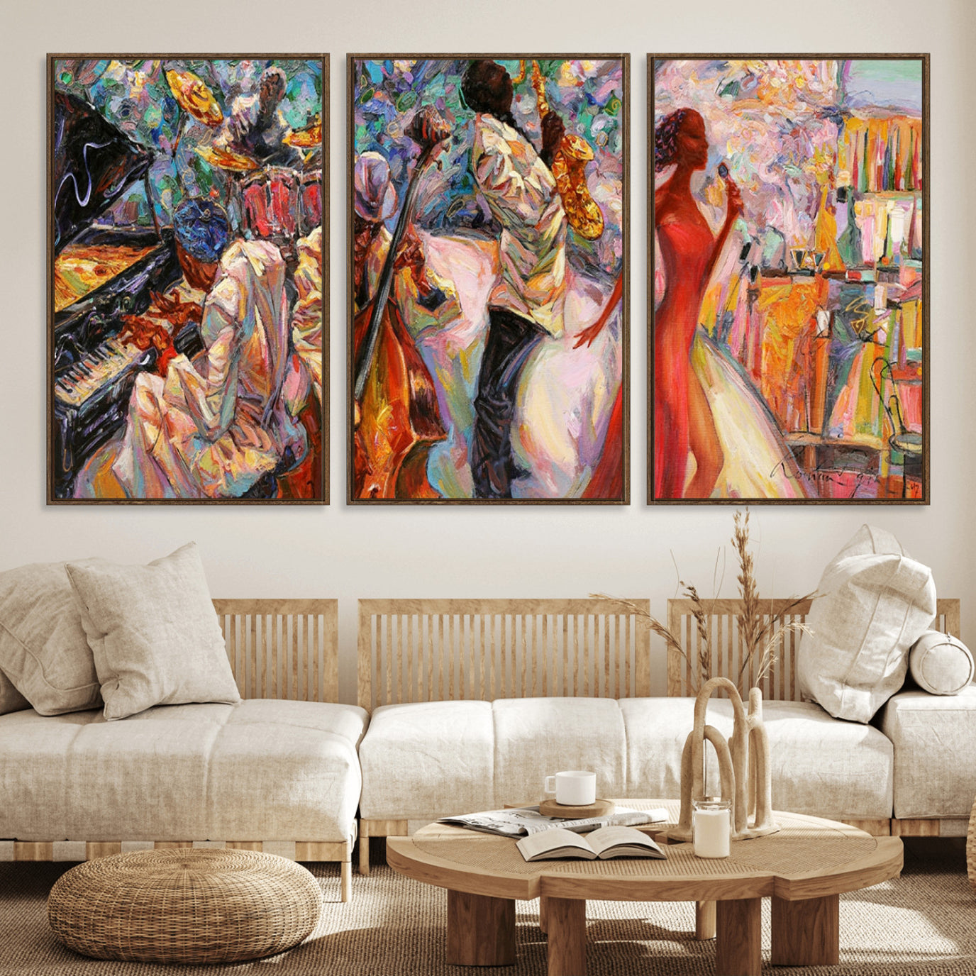40574-MGV-FC-60X30-3P_Walnut-Abstract Afro American Jazz Canvas Wall Art | Music-Inspired Painting for Dining Room, Living Room,