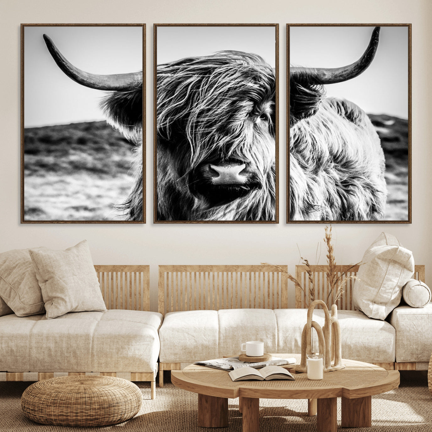 54309-MGV-CV-36X24 - Black and White Scottish Cow Canvas Wall Art Highland Cattle Canvas Print Framed Ready to Hang Original Cotton Canvas High Quality Image Multi Panel Wall Art Printable Artwork for Walls