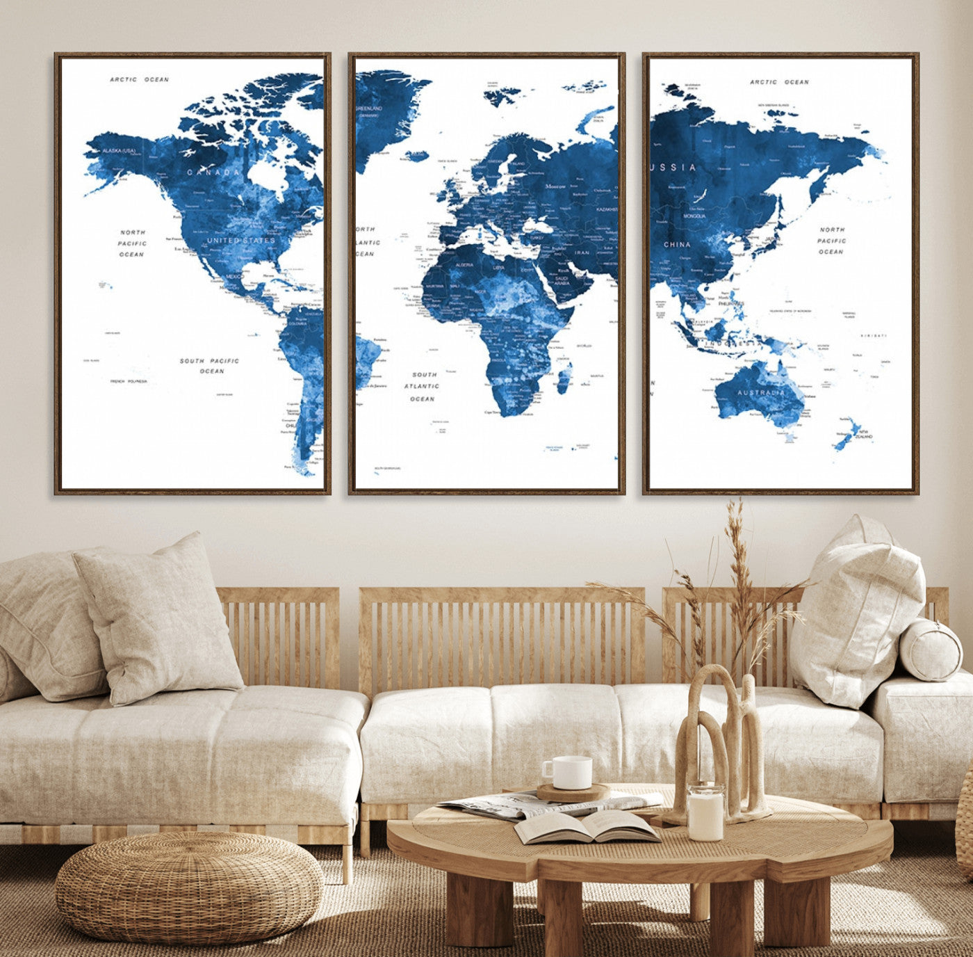 22546-MGV-FC-60X30-3P_Walnut-Push Pin World Map Canvas Print – Framed Travel Tracker Wall Art for Couples, Anniversary Gift and Modern Home Decor