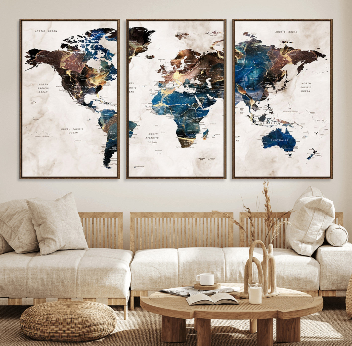 24408-MGV-FC-60X30-3P_Walnut-Push Pin World Map Canvas Print – Framed Travel Map Wall Art for Couples, Anniversary Gift, Modern Home or Office Decor