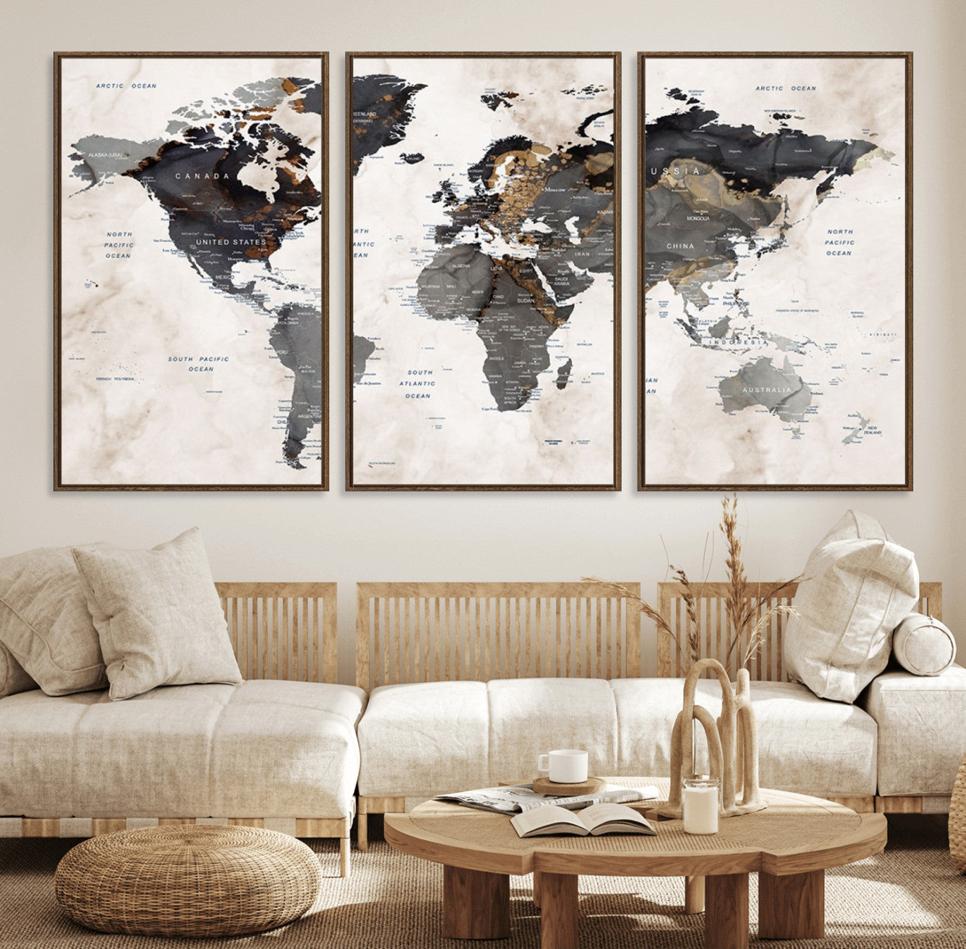 48937-MGV-FC-60X30-3P_Walnut-Push Pin World Map Canvas Print – Framed Travel Tracker Wall Art for Couples, Romantic Anniversary Gift and Home Decor