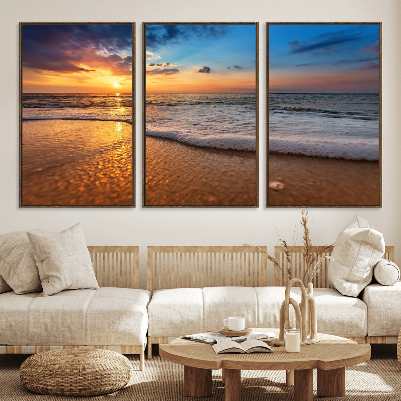 12740-MGV-FC-60X30-3P_Walnut-Sunset and Beach at Night Wall Art Canvas Print