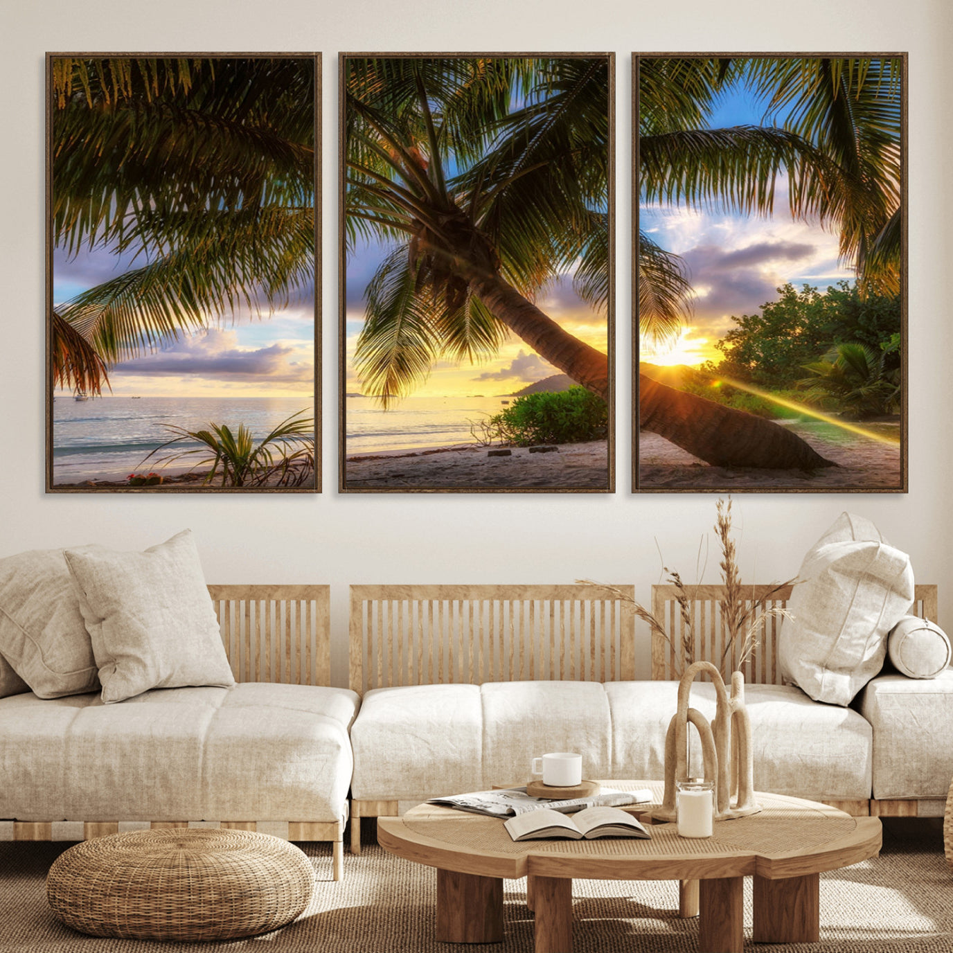 49751-MGV-FC-60X30-3P_Walnut-Tropical Island Sunset on the Beach Palms Wall Art Canvas Print