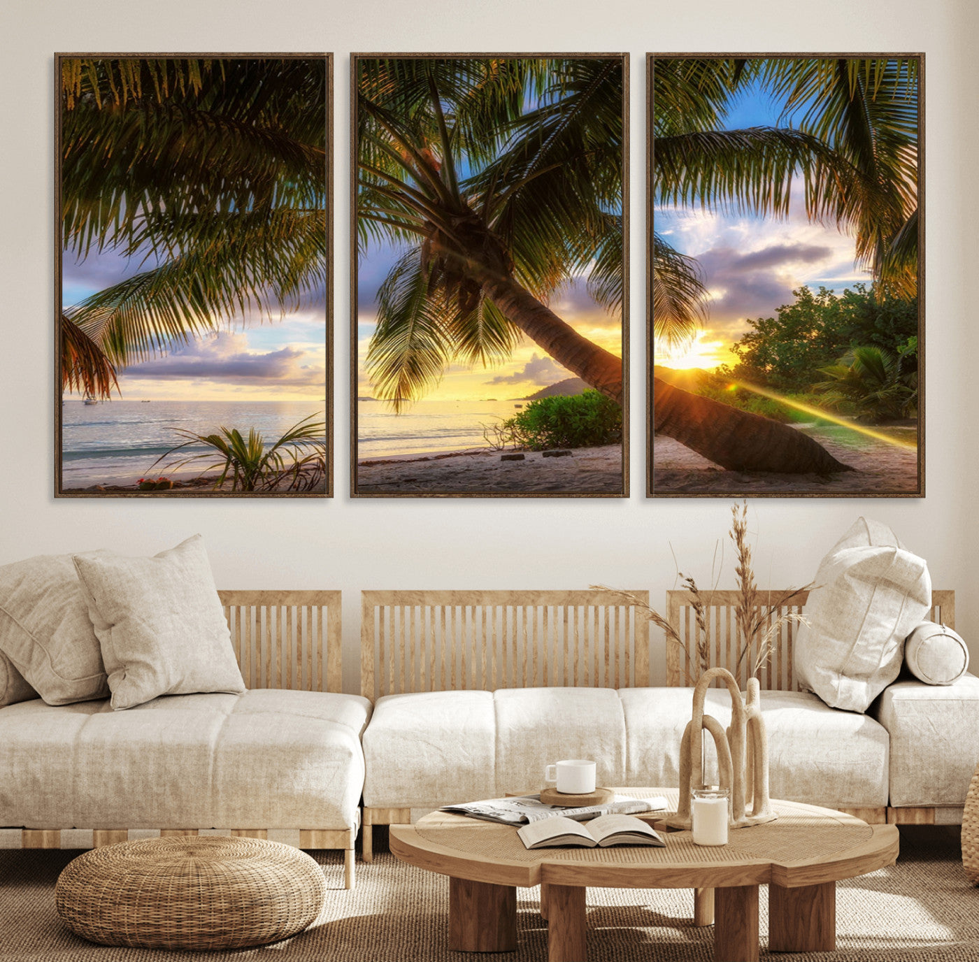 49751-MGV-FC-60X30-3P_Walnut-Tropical Island Sunset on the Beach Palms Wall Art Canvas Print
