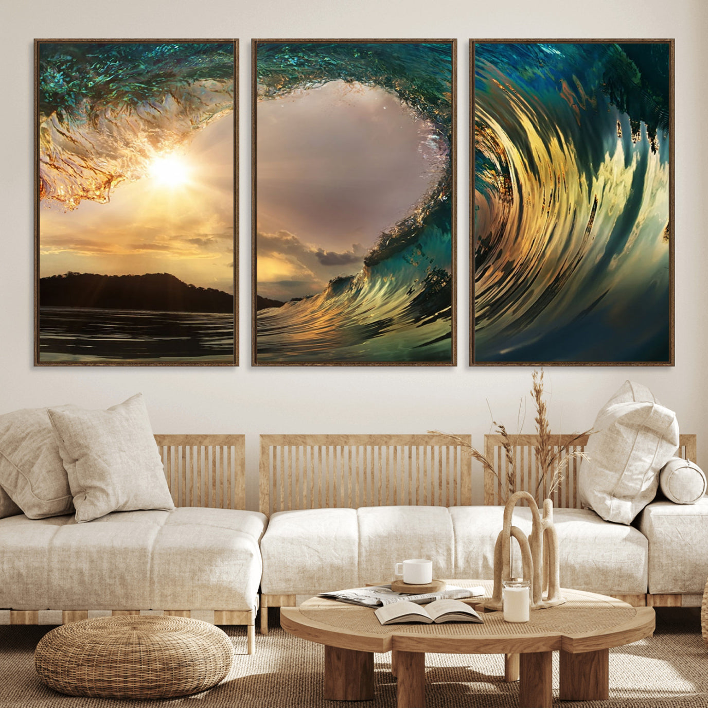 -Golden Wave Sunset Canvas Print – Large Coastal Wall Art for Nature Lovers, Captivating Ocean Wave
