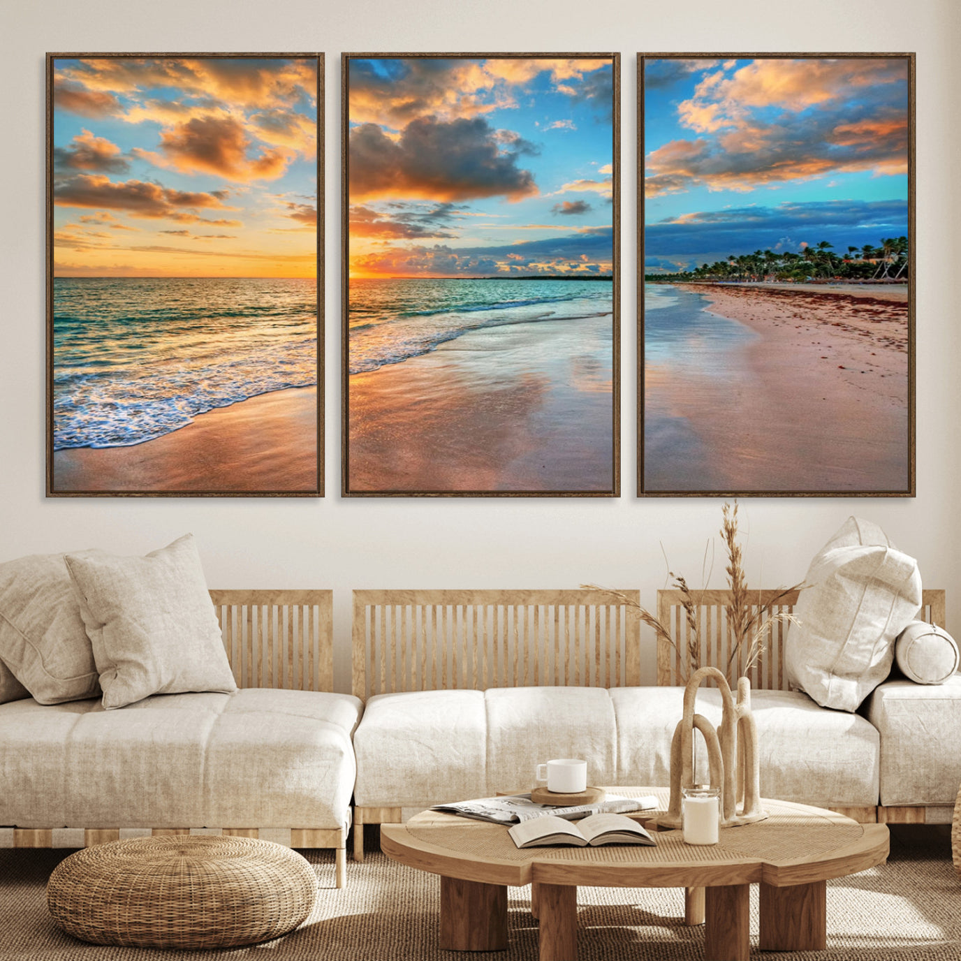 -Sunset Ocean Waves on Tropical Beach, 3-Panel Giclee Canvas Art for Coastal Home Decor, Framed