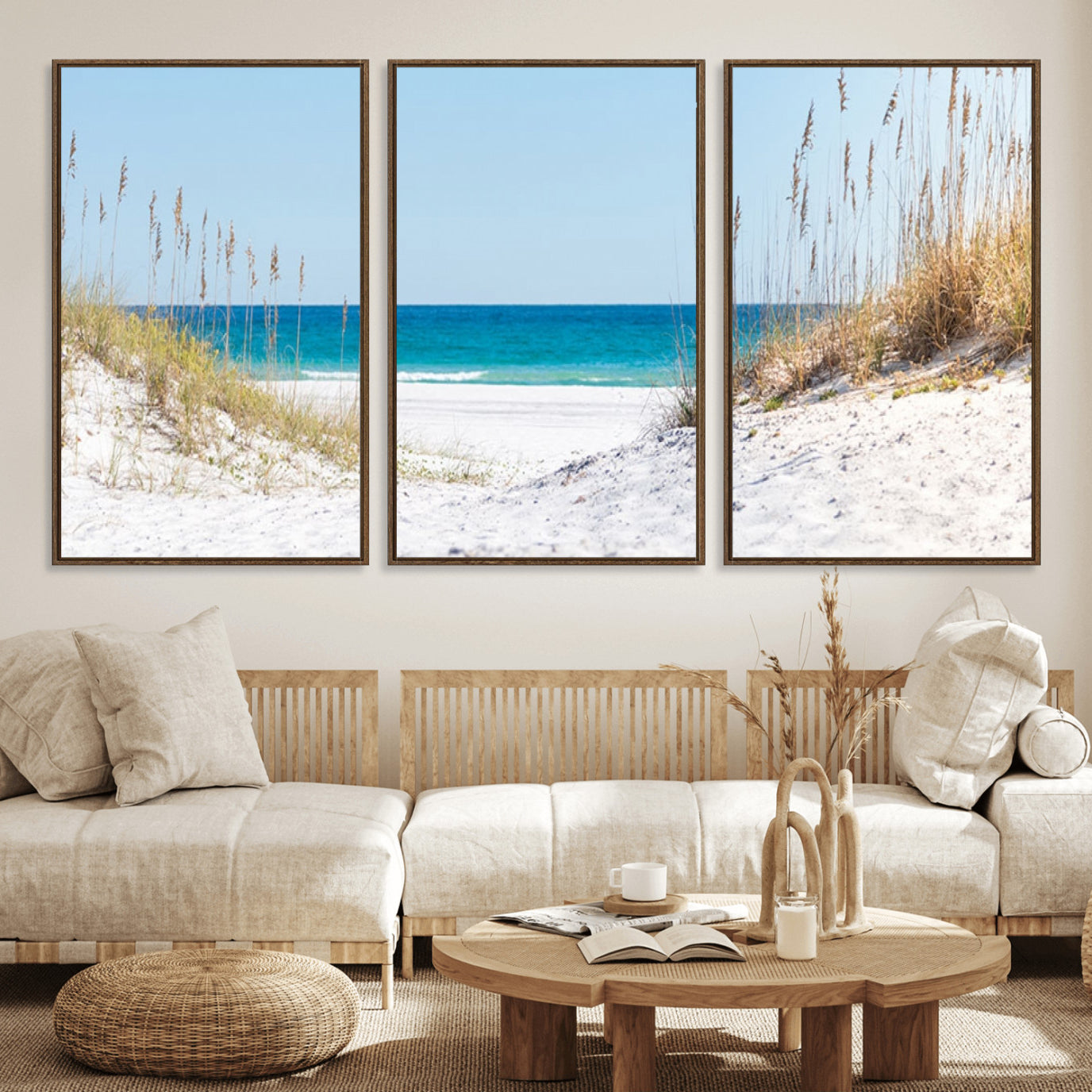 58498-MGV-FC-60X30-3P_Walnut-Serene Coastal Dune Path with Ocean View, 3-Panel Beach Canvas Wall Art, Tranquil Seascape Giclee