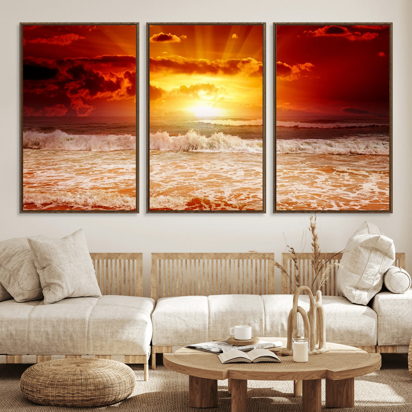 -Red Sunset Ocean Beach Canvas Wall Art Beach Canvas, Coastal Sunset Print