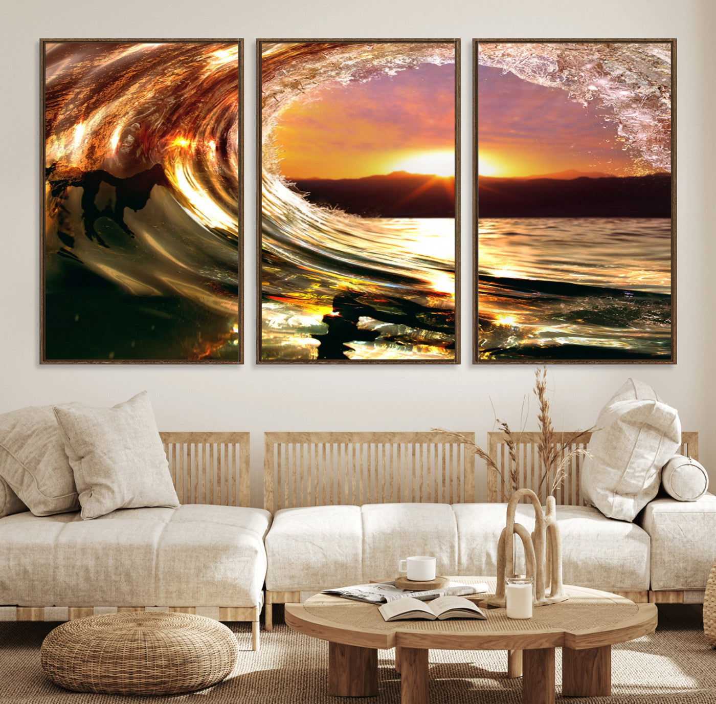 71523-MGV-FC-60X30-3P_Walnut-Golden Wave Sunset Triptych Canvas Art, Giclee Canvas Print of Ocean Wave and Sunset, Framed Ocean