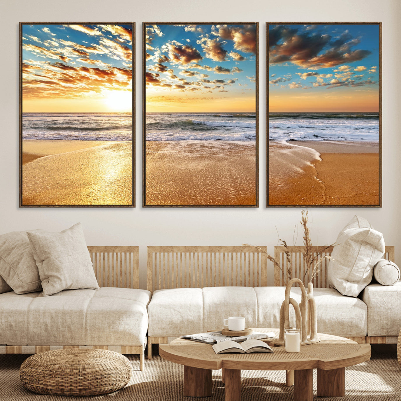 30822-MGV-FC-60X30-3P_Walnut-Golden Sunset Beach Print Canvas Wall Art, Giclee Canvas Print with Canon Print Quality, Triptych