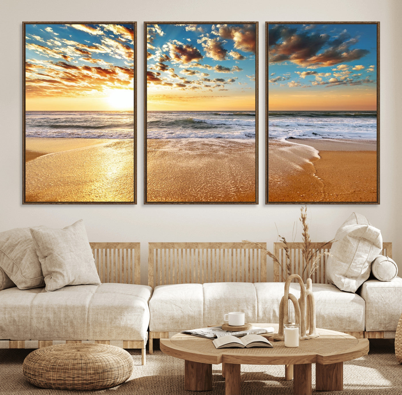 30822-MGV-FC-60X30-3P_Walnut-Golden Sunset Beach Print Canvas Wall Art, Giclee Canvas Print with Canon Print Quality, Triptych