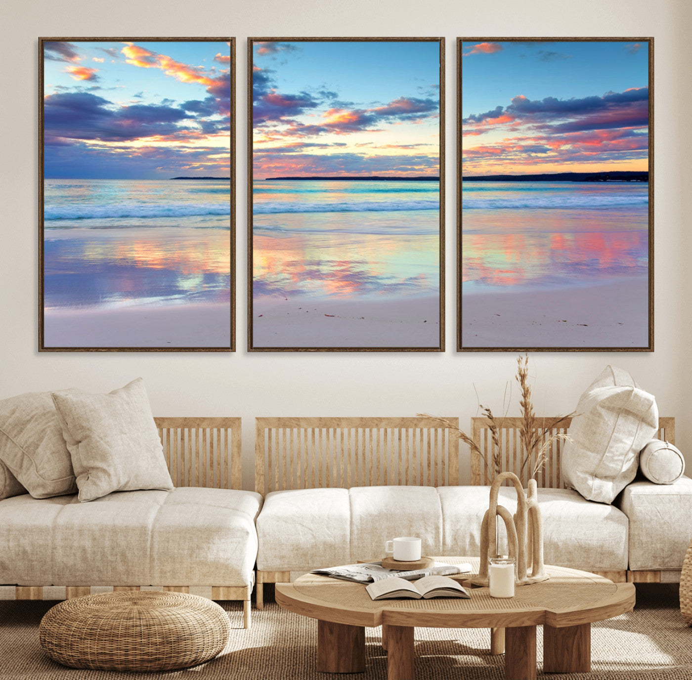 56723-MGV-FC-60X30-3P_Walnut-Tranquil Pastel Sunset Beach Triptych Canvas Art, Soothing Coastal Ocean Shoreline Giclee Print,