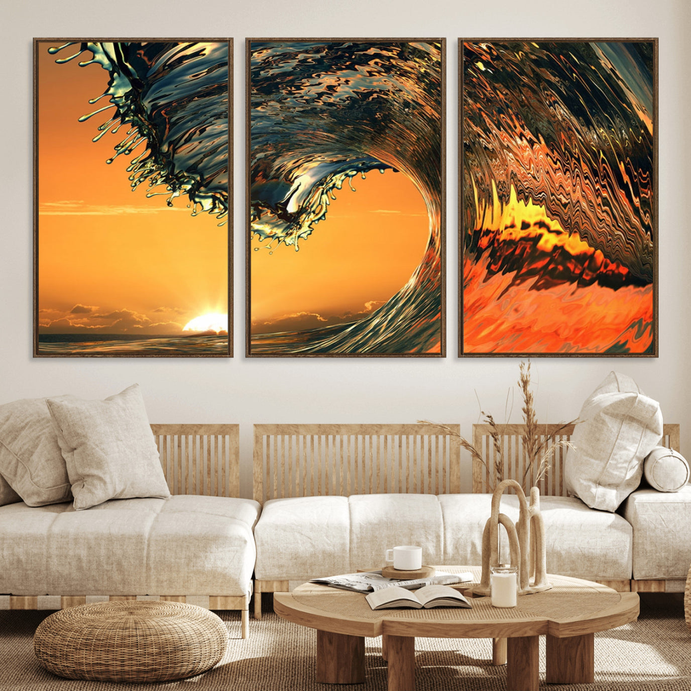 96977-MGV-FC-60X30-3P_Walnut-Surf Wave Sunset Canvas Wall Art Print, 3-Panel Ocean Coastal Wall Art Print, Ocean Decor for