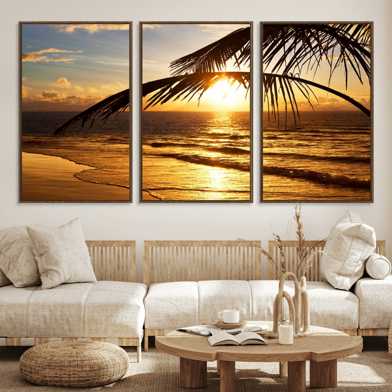 41507-MGV-FC-60X30-3P_Walnut-Golden Tropical Beach Sunset Canvas Triptych, Coastal Palm Tree Wall Art, Ocean Shoreline Giclee