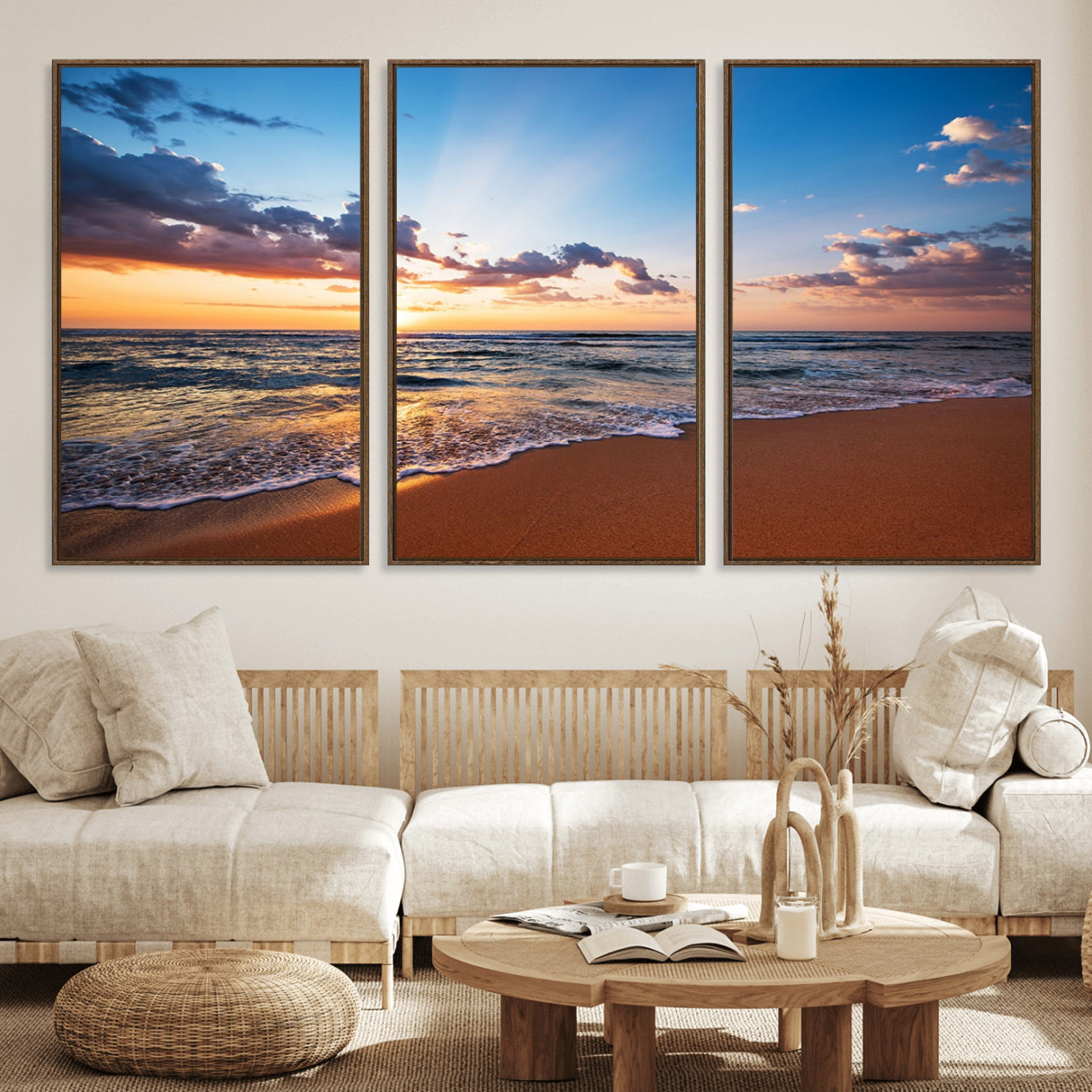 53062-MGV-FC-60X30-3P_Walnut-Serene Ocean Sunset Canvas Print, Golden Hour Beach Wall Art, Giclee Canvas with Gallery Wrap and