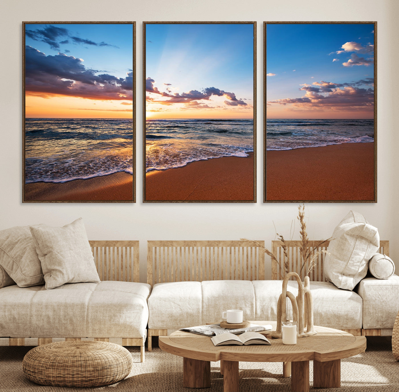 53062-MGV-FC-60X30-3P_Walnut-Serene Ocean Sunset Canvas Print, Golden Hour Beach Wall Art, Giclee Canvas with Gallery Wrap and