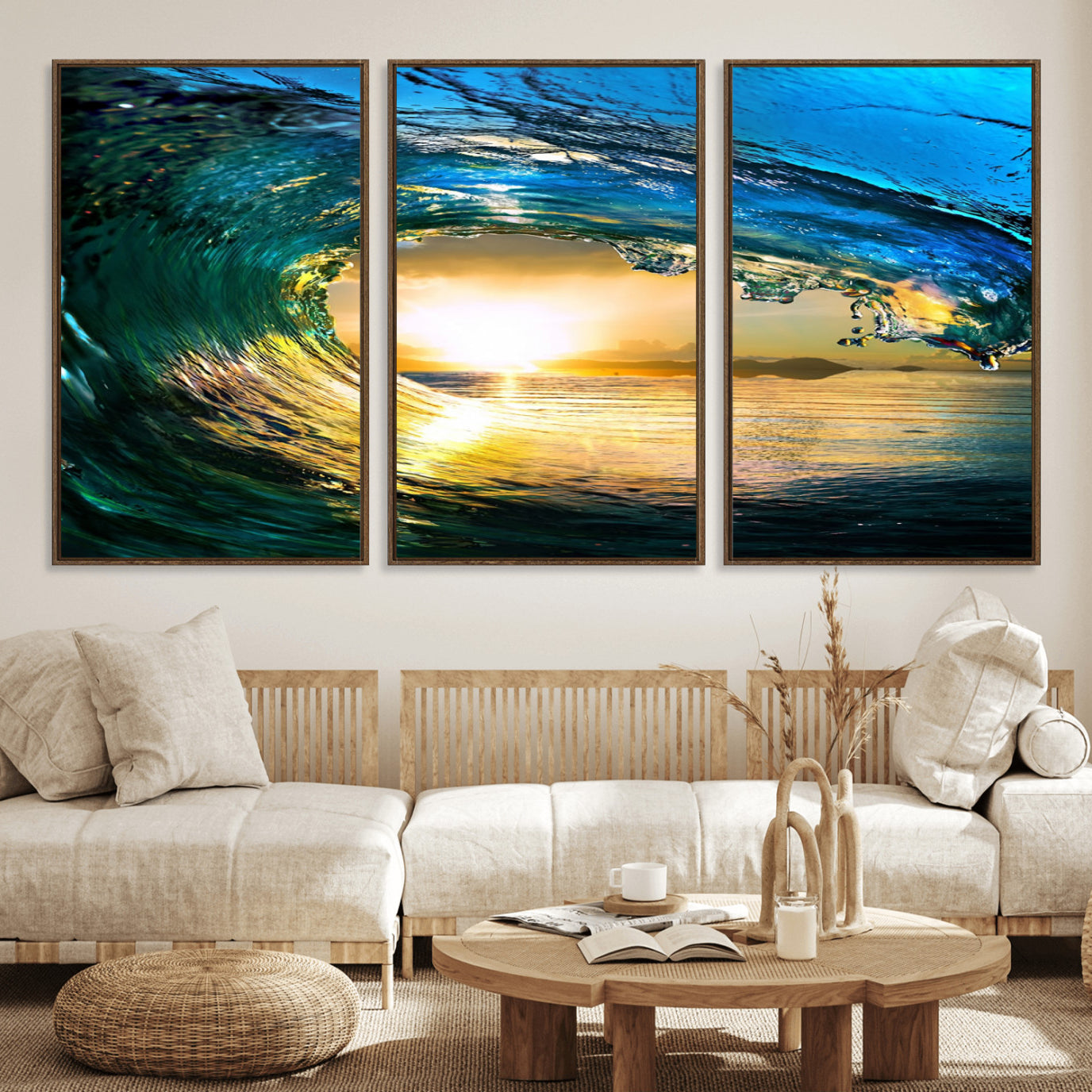 19378-MGV-FC-60X30-3P_Walnut-Ocean Wave at Sunset Canvas Art, Large Wall Print of Vibrant Water Waves, Coastal Art for Living
