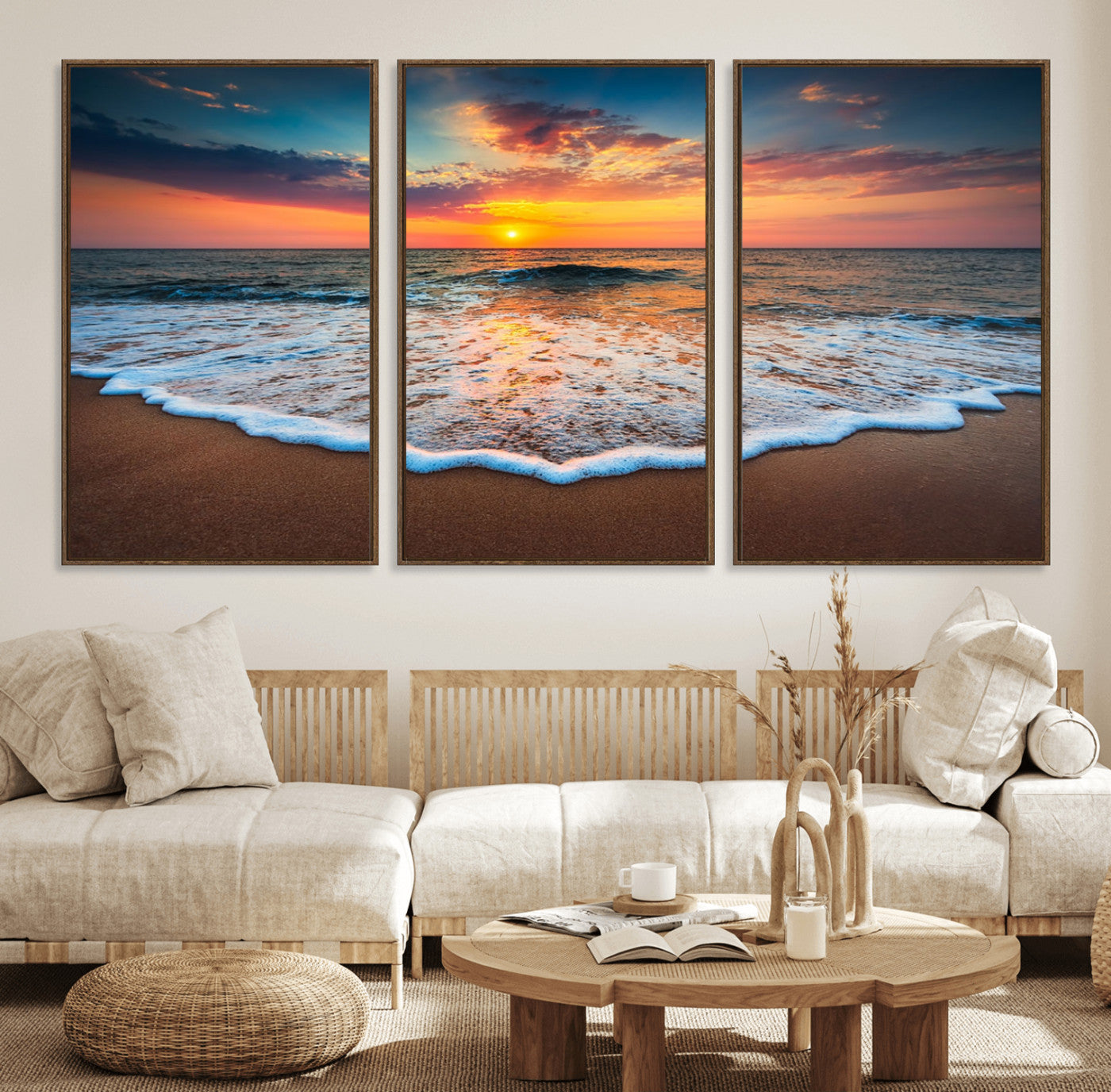 16110-MGV-FC-60X30-3P_Walnut-Sunset Beach Canvas Wall Art – Colorful Ocean Waves Triptych – Coastal Decor for Living Room or