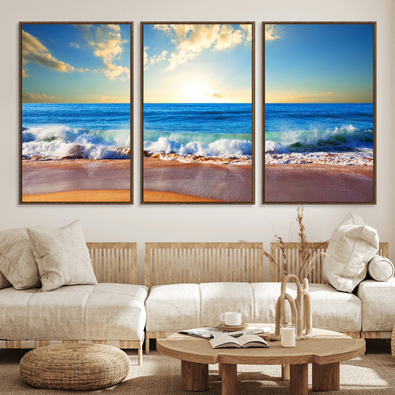 50522-MGV-FC-60X30-3P_Walnut-Tropical Beach Sunset Canvas Art, Ocean Waves and Sandy Shoreline Wall Art, Large Beach Decor for