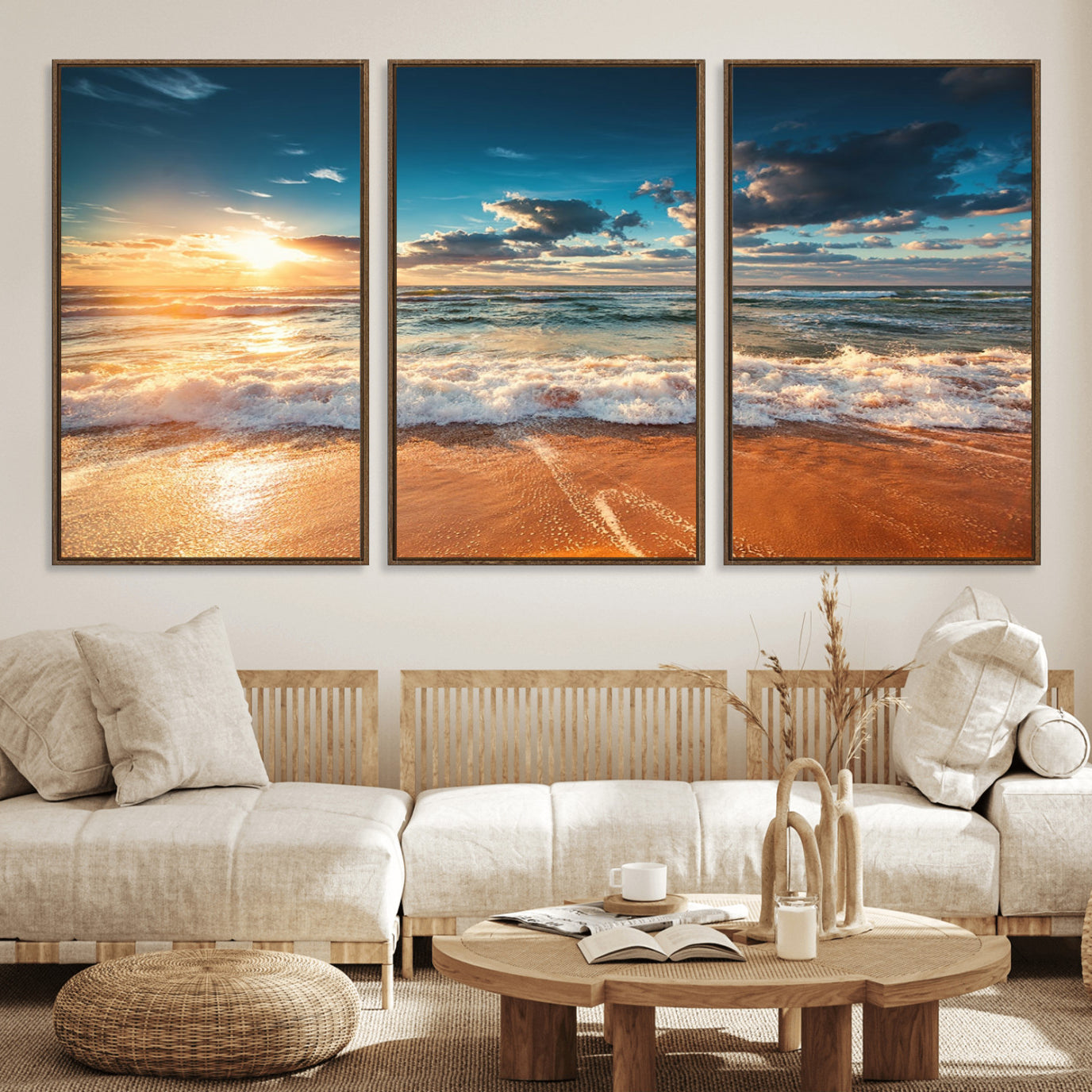 35648-MGV-FC-60X30-3P_Walnut-Golden Sunset Beach Triptych Canvas Art, Giclee Coastal Wall Decor, Ocean Waves Print, Modern Beach