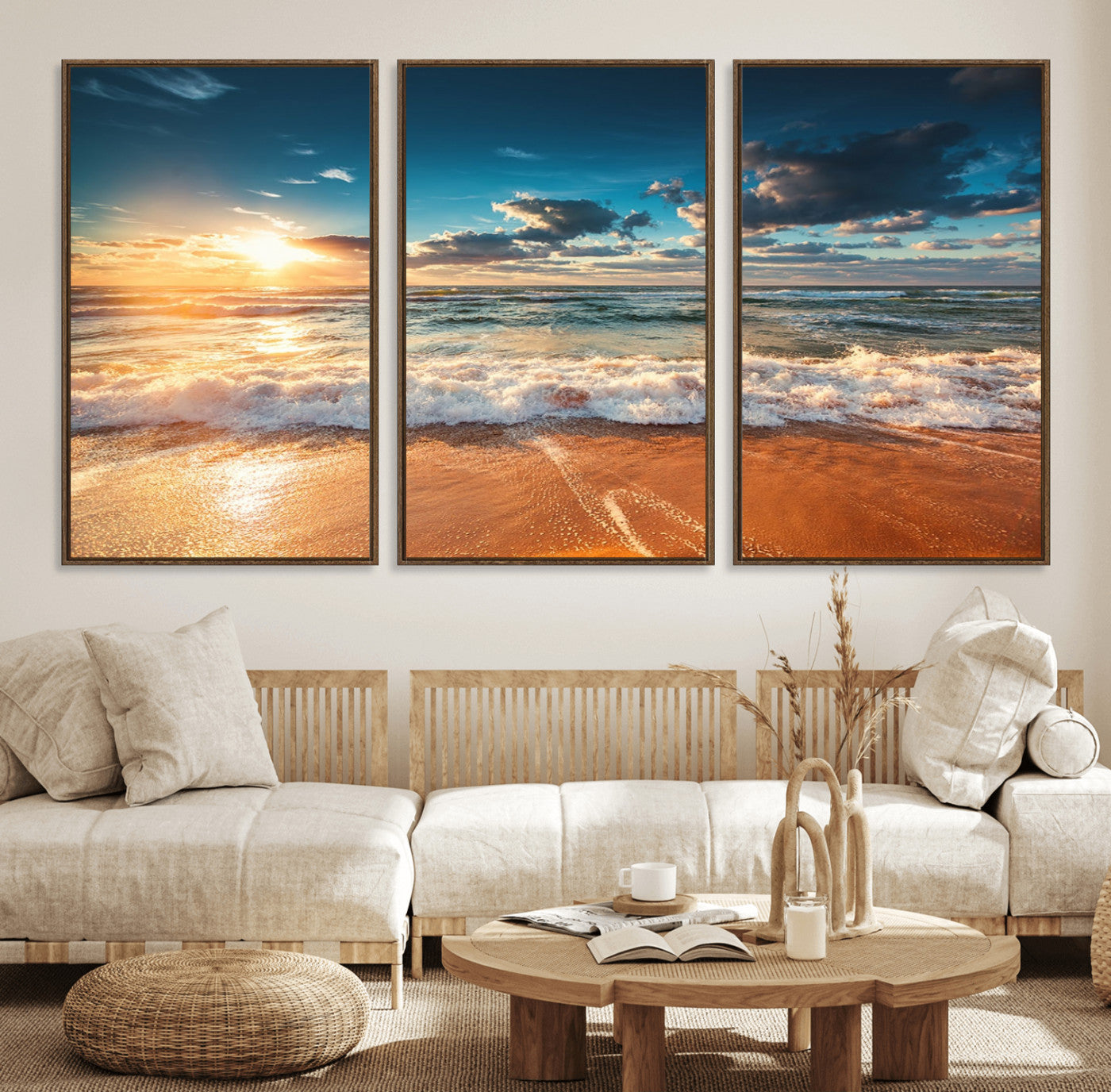 35648-MGV-FC-60X30-3P_Walnut-Golden Sunset Beach Triptych Canvas Art, Giclee Coastal Wall Decor, Ocean Waves Print, Modern Beach
