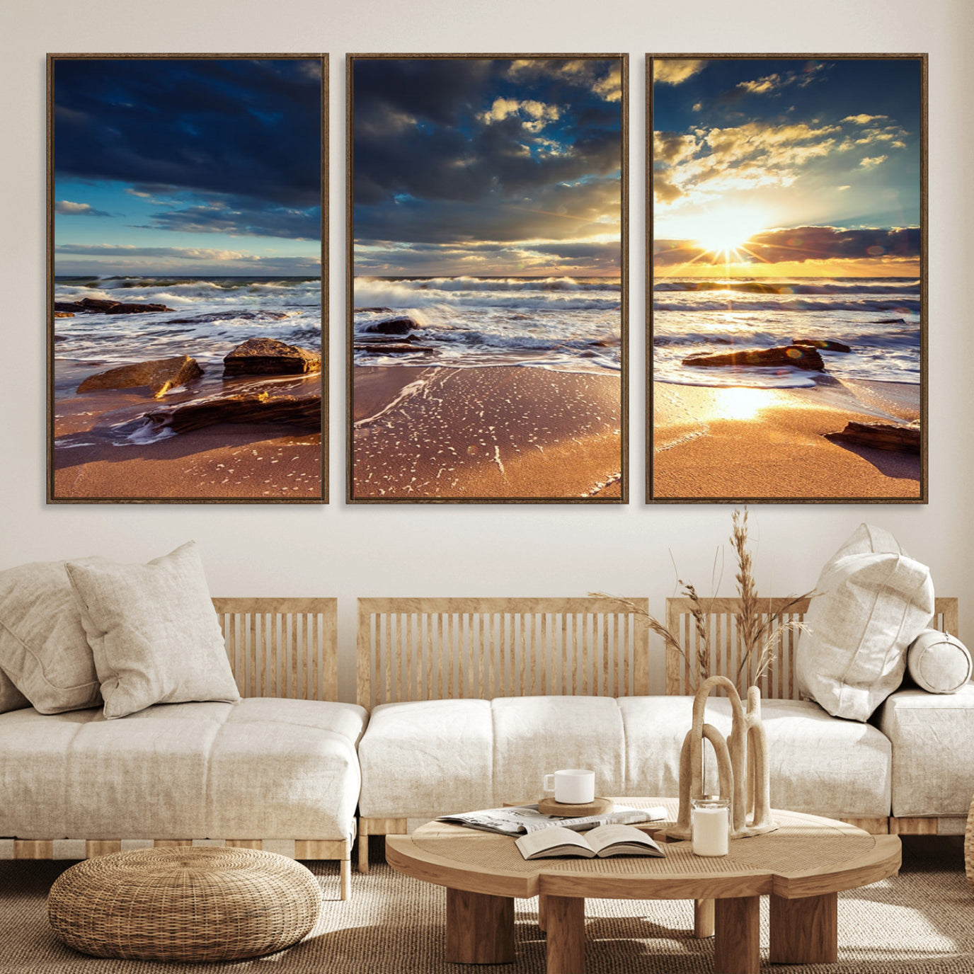 44481-MGV-FC-60X30-3P_Walnut-Golden Hour Beach Sunset Canvas Triptych, Ocean Waves and Rocks Wall Art for Coastal Home Decor