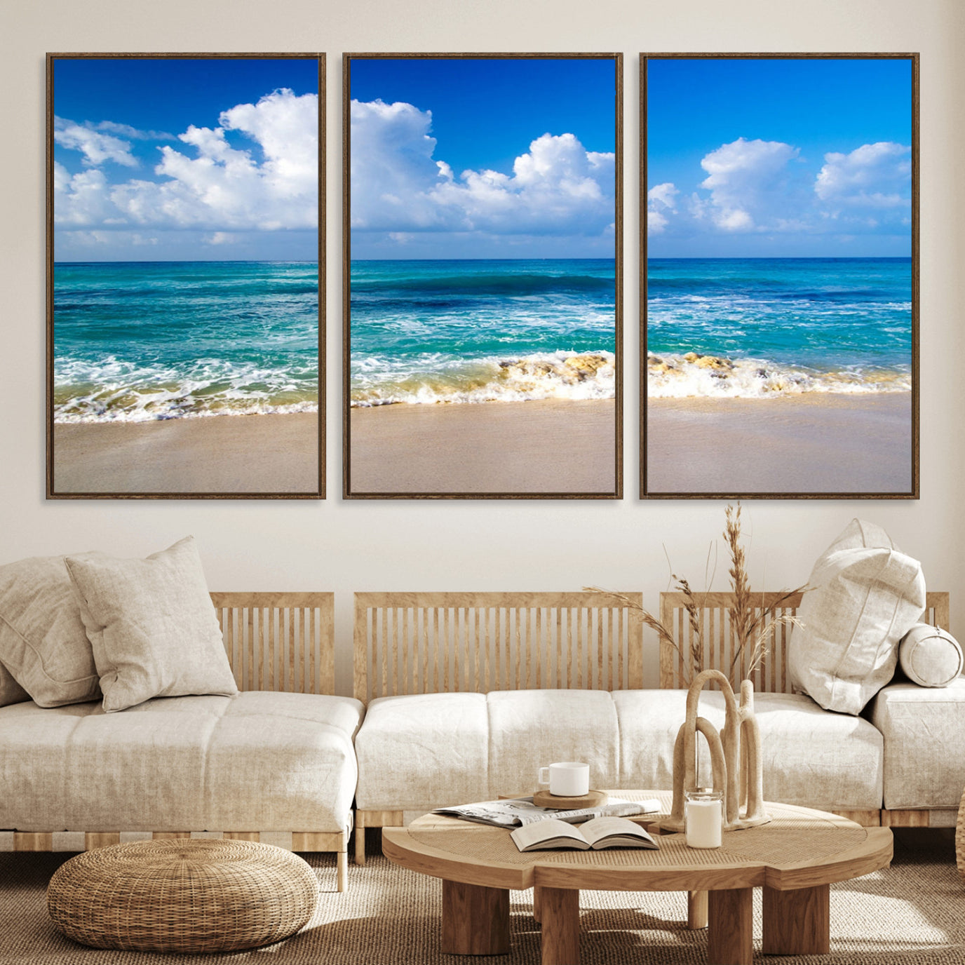 60364-MGV-FC-60X30-3P_Walnut-Tropical Beach 3-Panel Canvas Wall Art – Serene Ocean Waves and Blue Sky Wall Art Print