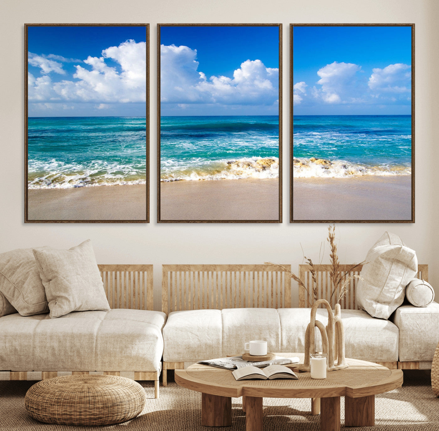 60364-MGV-FC-60X30-3P_Walnut-Tropical Beach 3-Panel Canvas Wall Art – Serene Ocean Waves and Blue Sky Wall Art Print