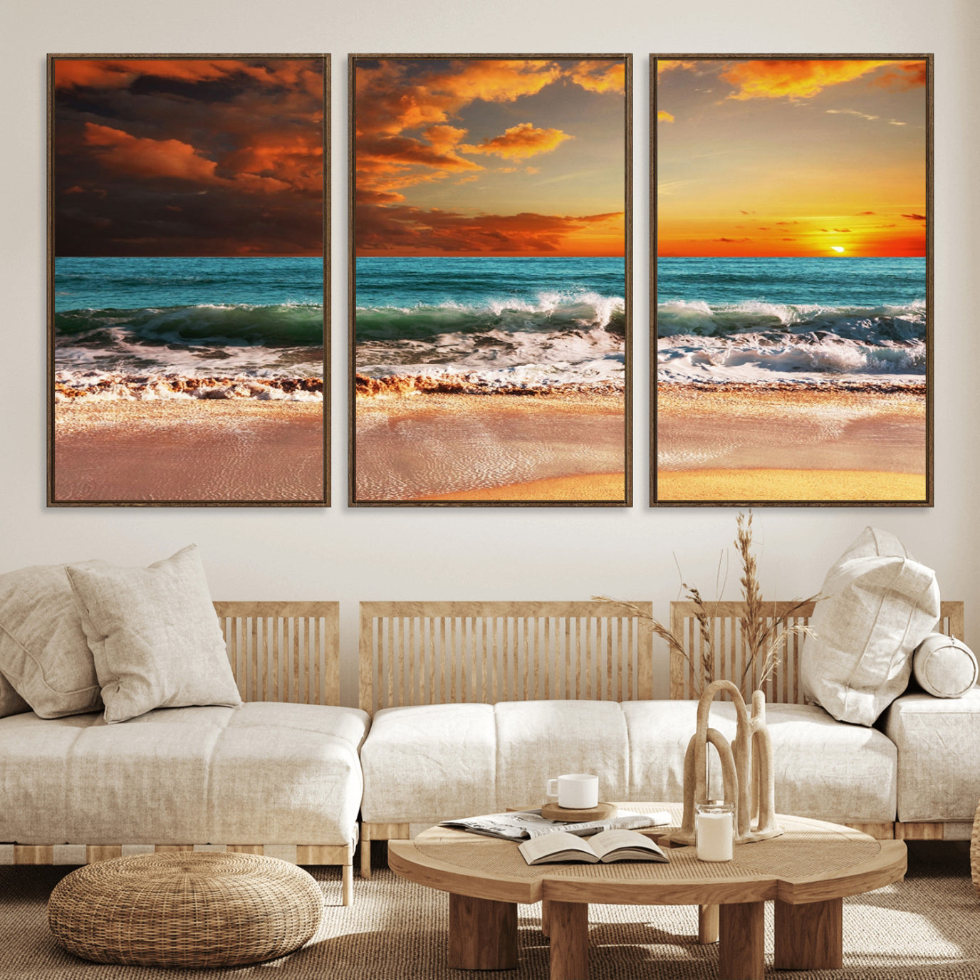 72948-MGV-FC-60X30-3P_Walnut-Golden Sunset Beach Canvas Wall Art – Triptych Seascape Print – Framed and Ready to Hang for Living