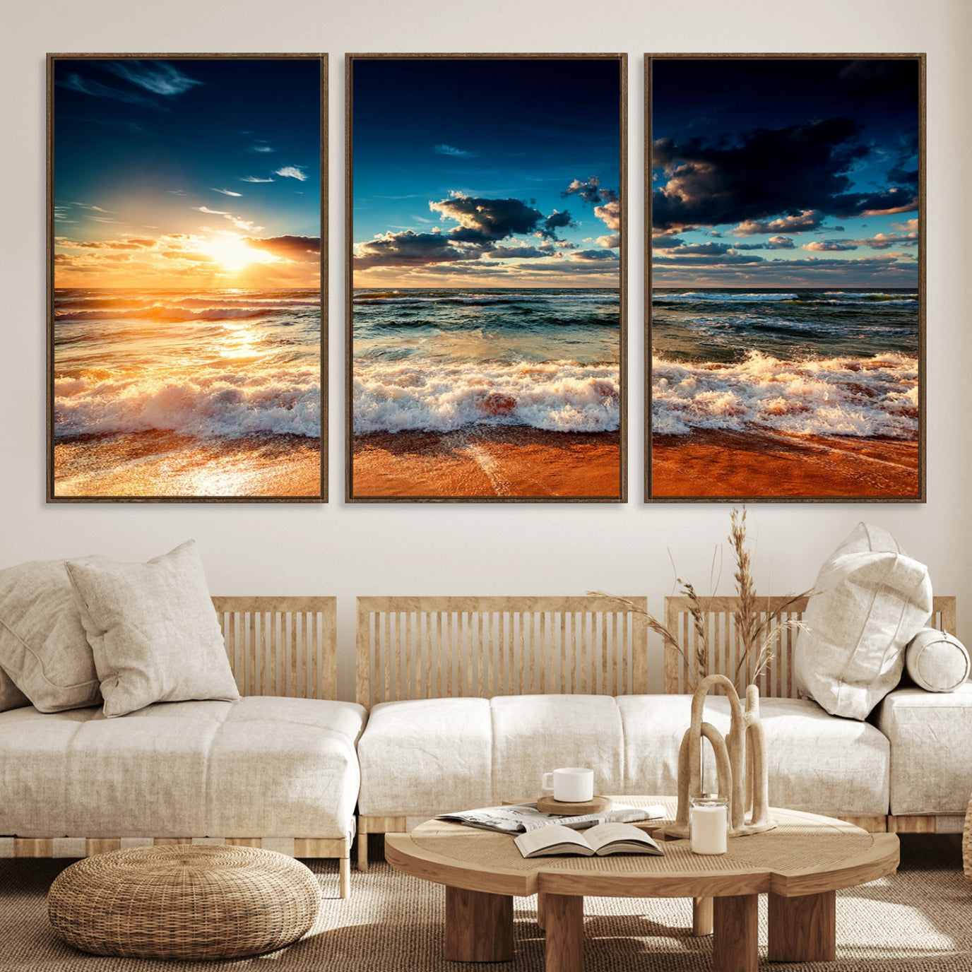 26996-MGV-FC-60X30-3P_Walnut-Golden Hour Sunset Over Ocean Waves Wall Art Canvas Print | 3 Panel Coastal Landscape Canvas Wall