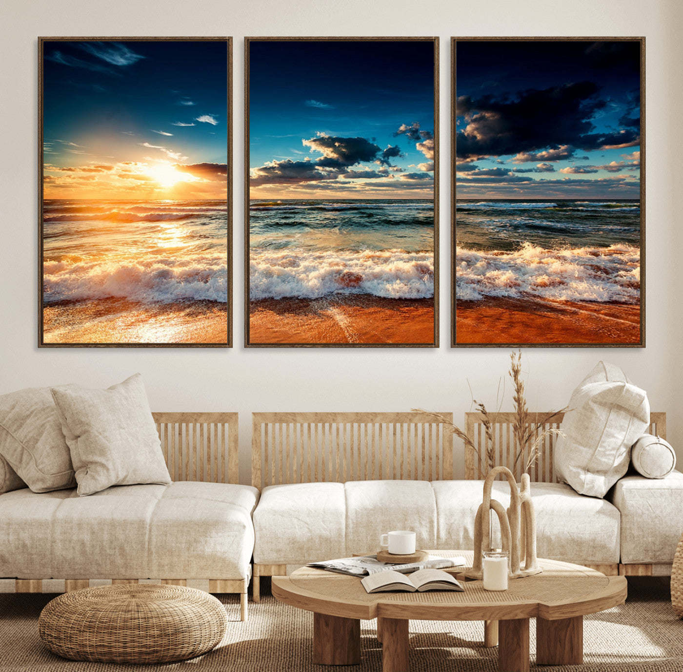 26996-MGV-FC-60X30-3P_Walnut-Golden Hour Sunset Over Ocean Waves Wall Art Canvas Print | 3 Panel Coastal Landscape Canvas Wall