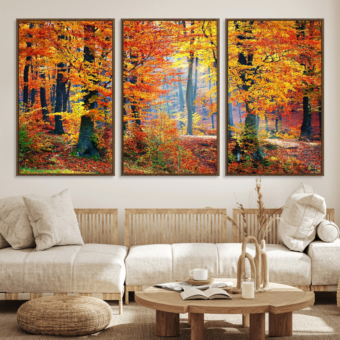 91746-MGV-FC-60X30-3P_Walnut-Autumn Red Forest Triptych Canvas Wall Art Print, Forest Wall Decor, Fall Landscape Art | Season