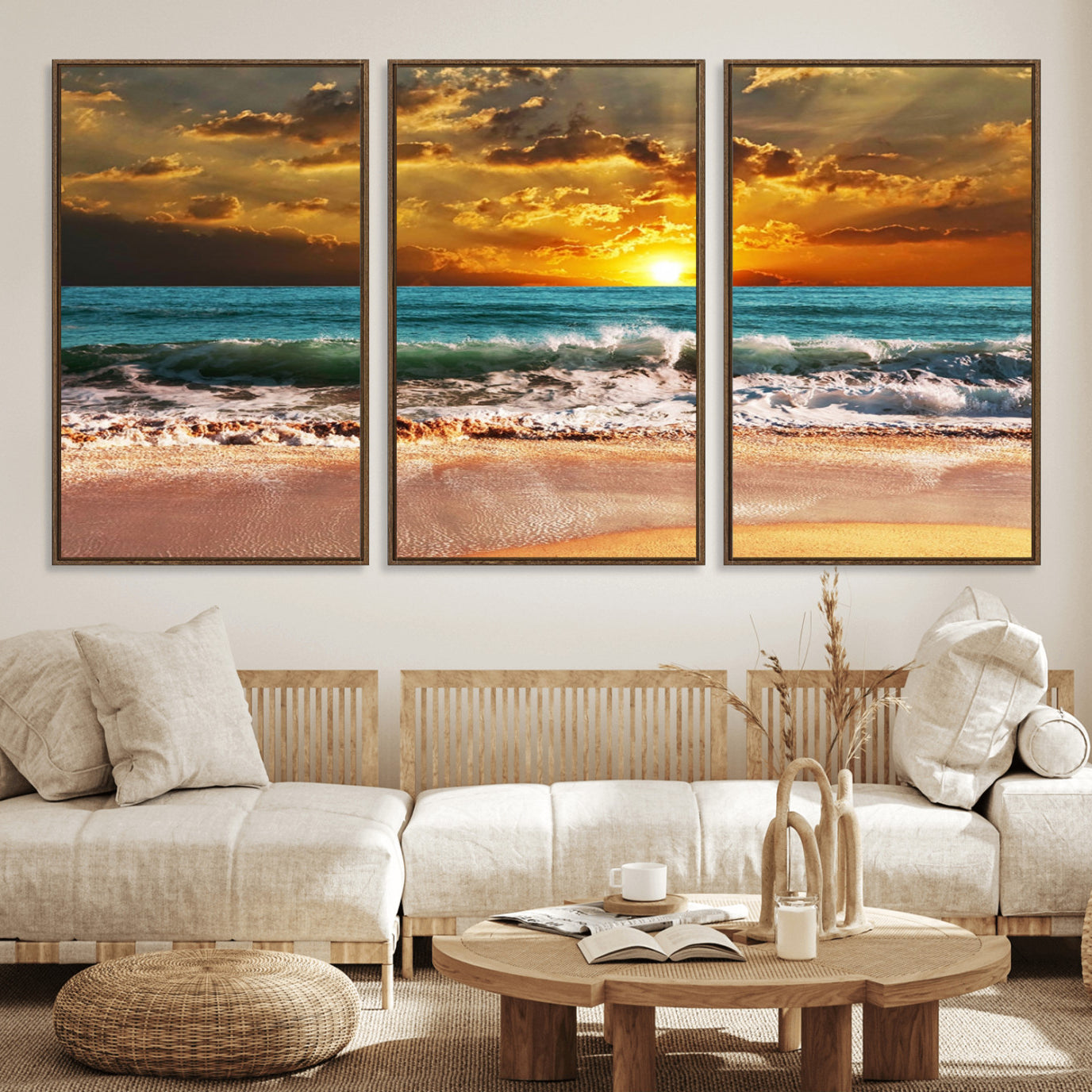 16495-MGV-FC-60X30-3P_Walnut-Golden Sunset Beach Canvas Wall Art – Triptych Seascape Print – Framed and Ready to Hang for Living