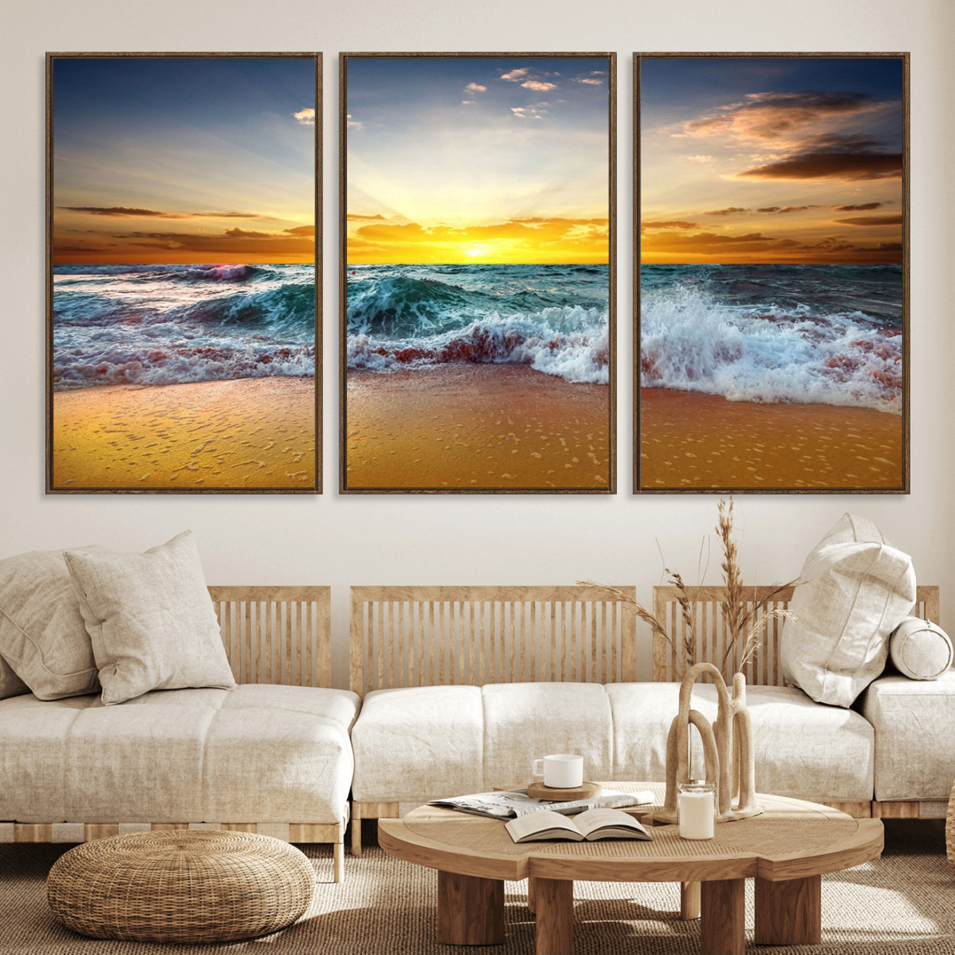 73401-MGV-FC-60X30-3P_Walnut-Golden Sunset Ocean Waves Wall Art Canvas Print – Multi Panel Beach Canvas Print Set – Large Coastal