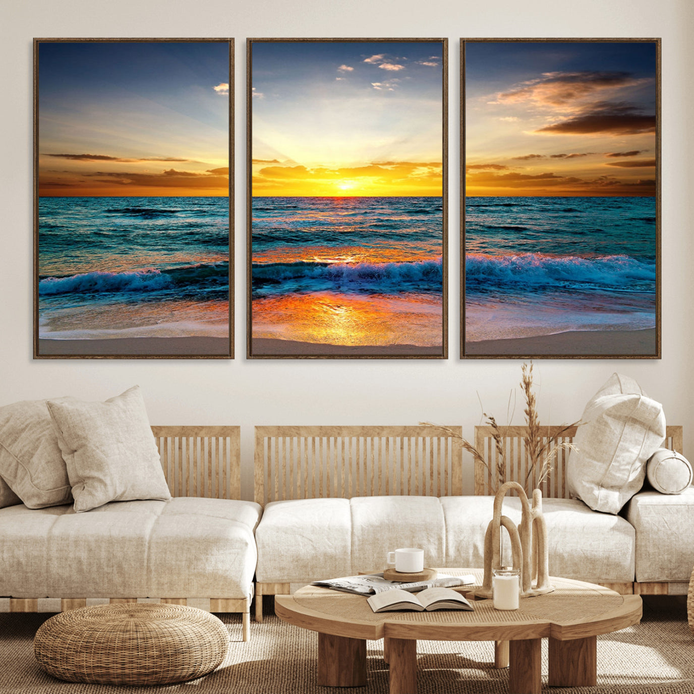 50627-MGV-FC-60X30-3P_Walnut-Vibrant Ocean Sunrise Over Golden Beach Waves, Giclee Canvas Wall Art Set, High-Quality Stretched